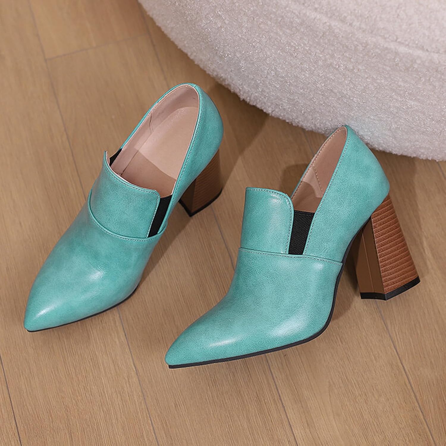 Alyaafifa Chunky Heel Booties for Women Pointed Closed Toe Stacked High Heel Ankle Boots Slip On Two Tone Leather Suede Fashion V-Cut Short Boots Trendy Party Dating Prom
