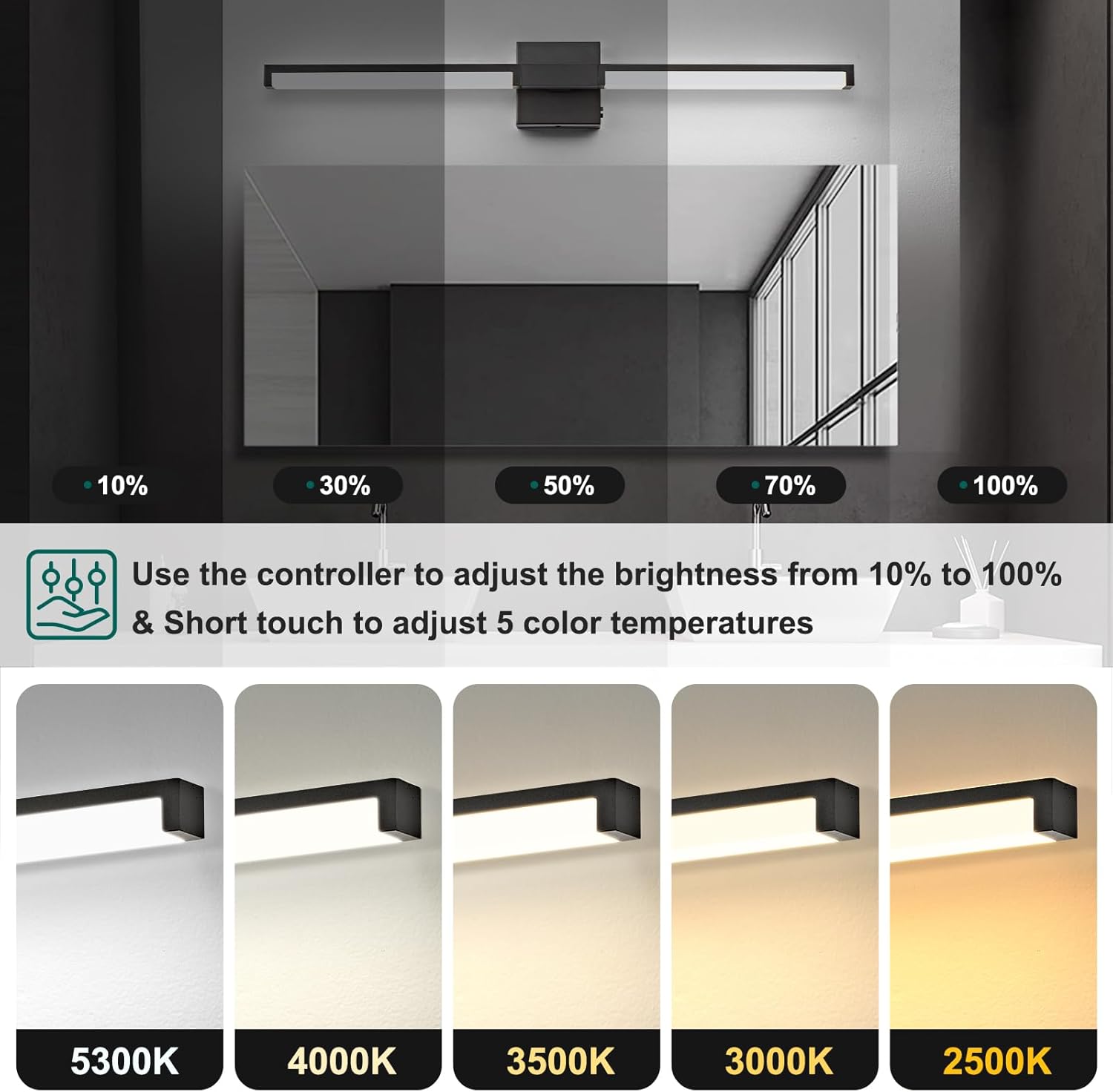 OKELI Modern Bathroom Light Fixtures Over Mirror, 32 Inch Matte Black Vanity Light Bar for Bathroom, 16W 5CCT Diammable Wall Light - 2Pack