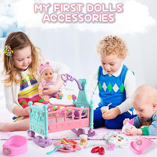 Miniatura 5 de deAO Juego de muñecas de bebé con cama de cuna, silla alta, cochecito, accesorios de muñeca de bebé, juego de 20 piezas, juego de cumpleaños para