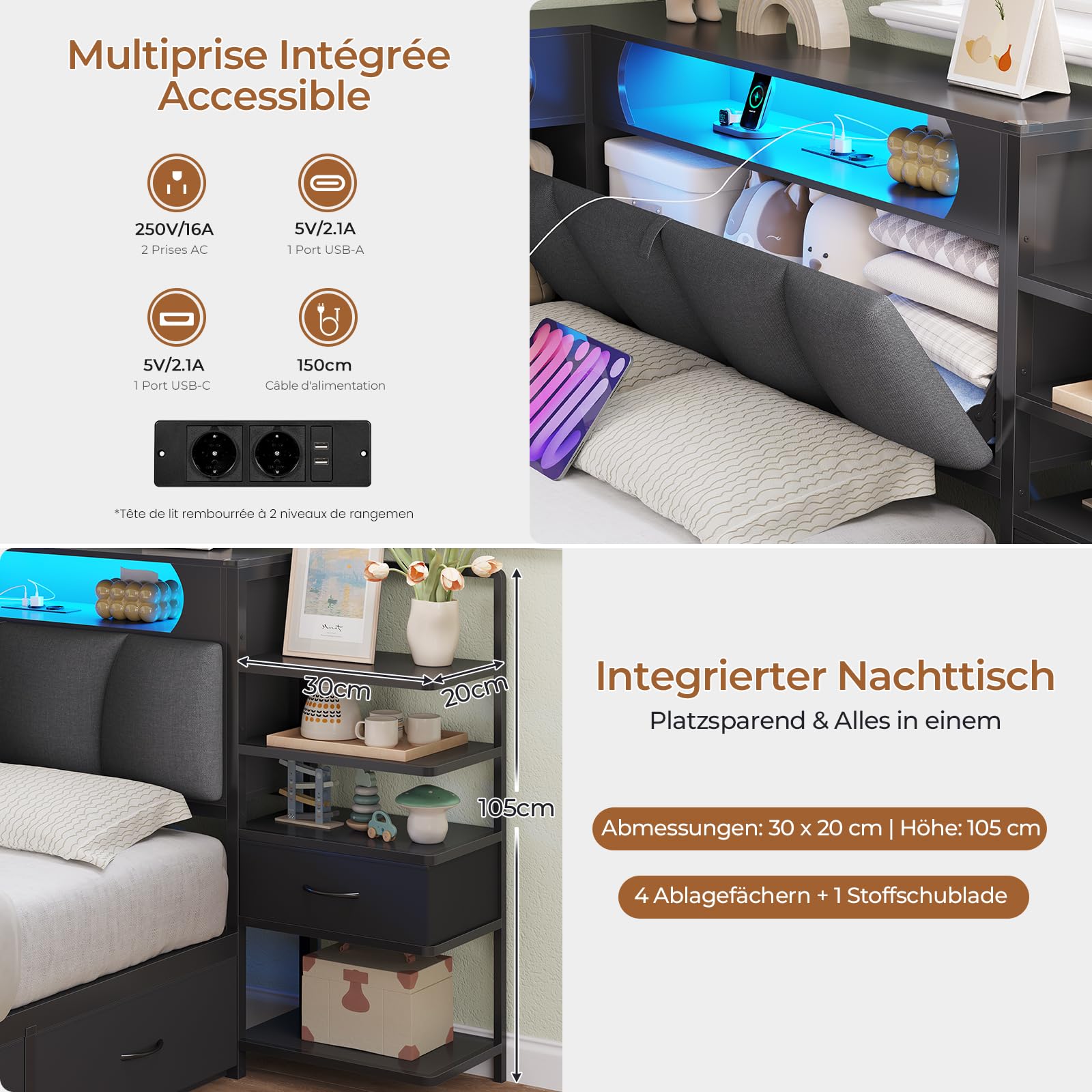 DICTAC Lit 90x190 en L – Banquette-Lit 1 Place avec Tête de Lit Capitonnée (Rangement Secret + Table de Nuit Intégrée), LED RGB & Recharge | Idéal pour Studio & Chambre (Noir)