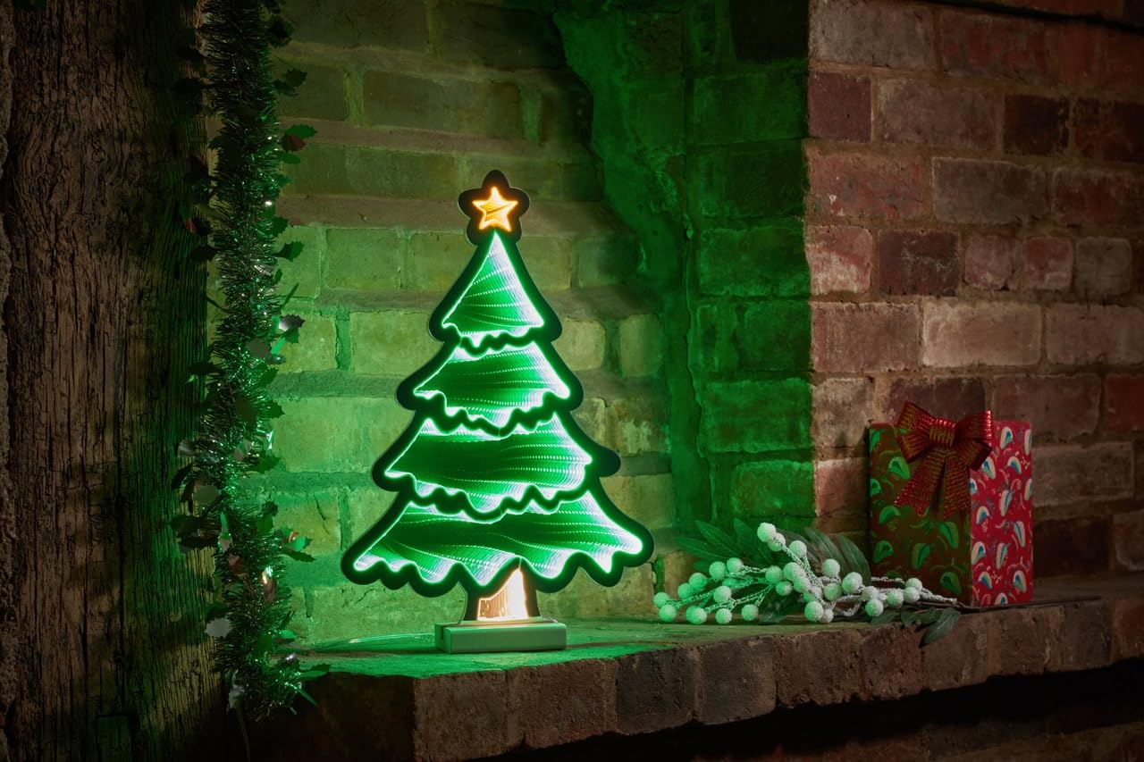 Smart Garden Árbol de Navidad con efecto espejo infinito 3D, luz LED, verde, 40 cm, doble cara, decoración navideña para el hogar, luces festivas de Navidad