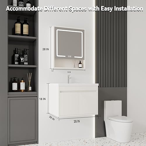Miniatura 249 de Tocador de baño de 20 pulgadas con lavabo de cerámica, tocador de baño pequeño montado en la pared con puerta de cierre suave, gabinete flotante