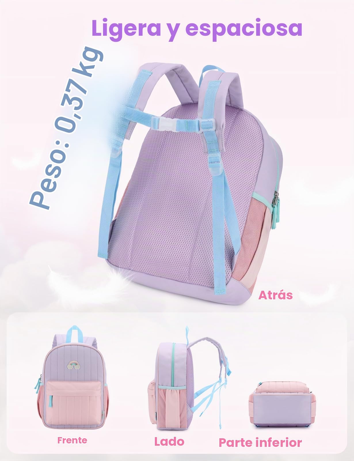 VASCHY Mochila niña 1-3 años 11 L Para Preescolar,Violeta&Rosa | Mochila escolar infantil,Cierre en el Pecho, Multibolsillos, Divisor Interior,Admite Documentos A4, Etiqueta Nombre Interior