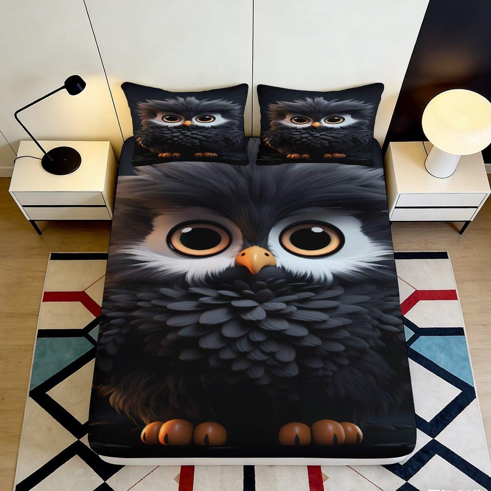 Uxinyoume Style-10 3D Printed Cute Owl Fitted Sheet Microfiber Soft Black Cartoon Animal Bed Cover For Bedroom Dorm Mattress Protection Decor 90X200x25cm