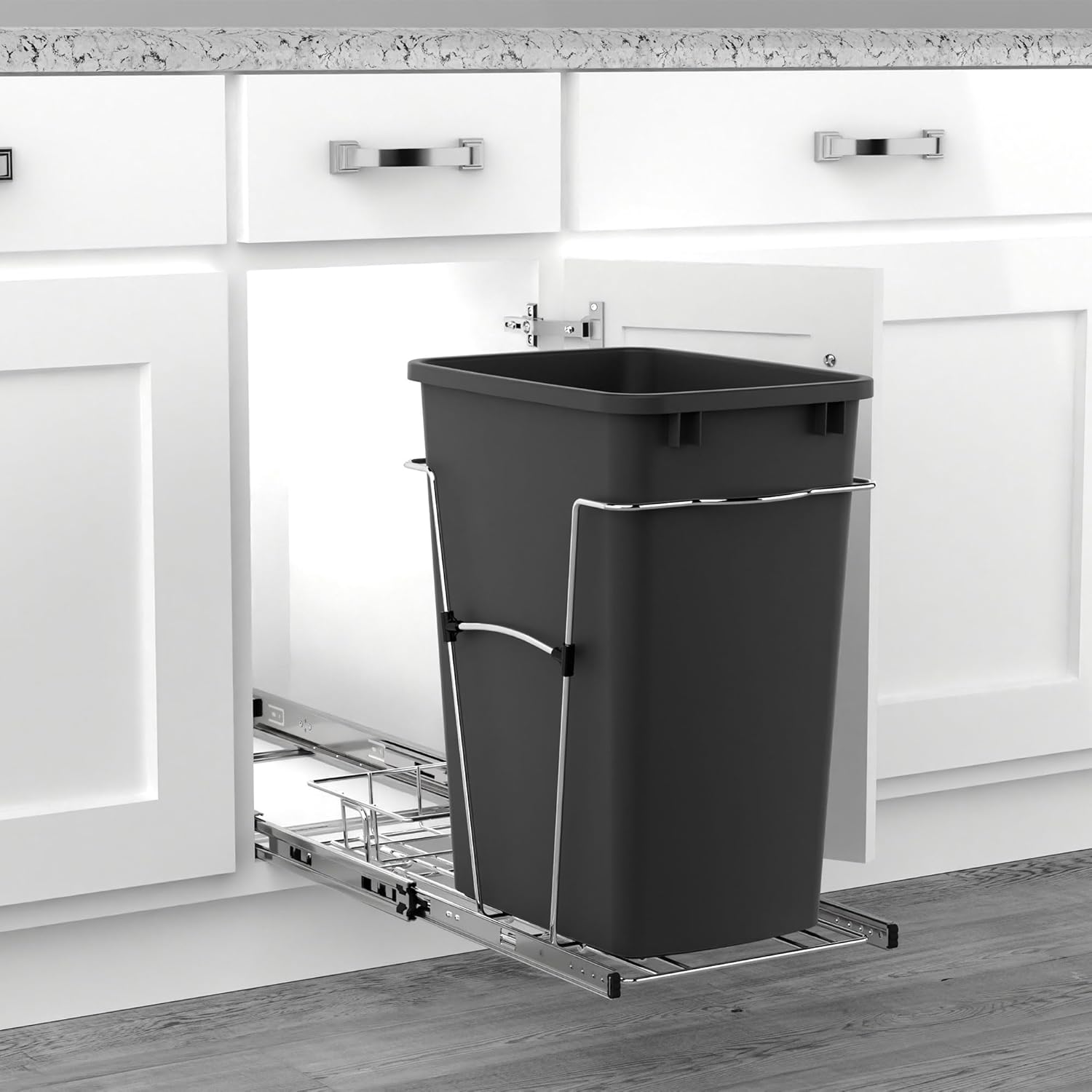 Rev-A-Shelf RV-12KD-18C S 35-Quart Chrome Wire Bottom Mount Pullout Kitchen Waste Trash Can Container Bin with Rear Storage, Black