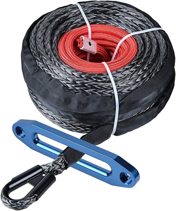 95ft 3/8" Black Synthetic UHMWPE Towing Winch Cable Rope 20,500lbs + 10" x 2 5/8" (254mm x 66mm) Blue Hawse Fairlead for Offroad Recovery Pickup Truck ATV UTV Boat