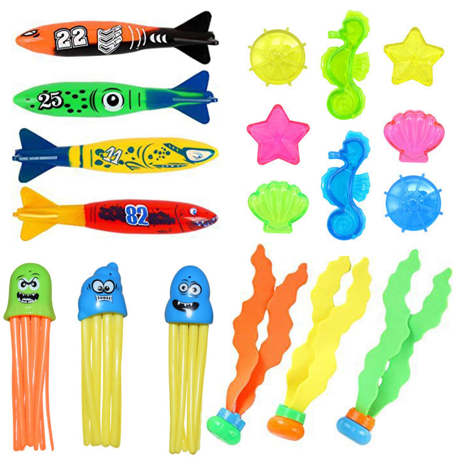 Juguete de Buceo, 18PCS Juegos de Agua Verano Piscina Juguetes para Niños Entrenamiento Submarino con Torpedo Algas Piedras Preciosas, Juguetes Acuáticos de Natación de Verano Regalo para Niños