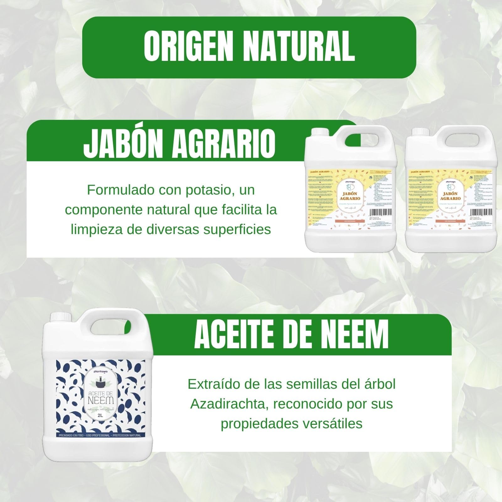 PLANTAWA Pack Jabón Potásico 2x5L + Aceite de Neem 2L | Solución Multiusos | Fácil Aplicación y Máxima Eficacia | Versátil | Uso en Interior y Exterior | Productos de origen natural