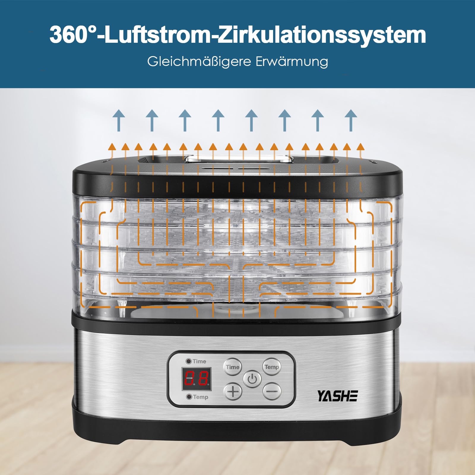YASHE GGJ-261B Dörrautomat mit LED-Display, Temperaturregelung 35-70°C & 72-Stunden-Timer, 5 höhenverstellbaren Tabletts, Dörrgerät für Obst und Gemüse, 240 Watt, BPA-frei