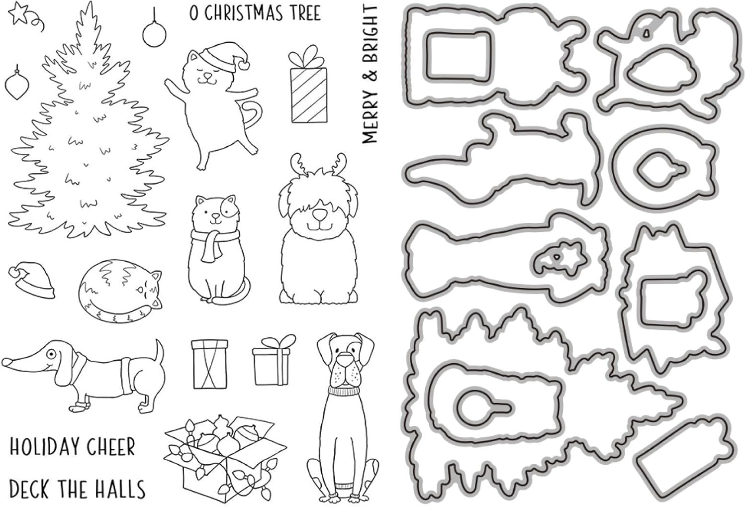 カード作成用ダイスとスタンプ 6セット 動物 猫 犬 金属切削ダイス クリアスタンプセット クリスマスツリー カード 動物 金属 ダ