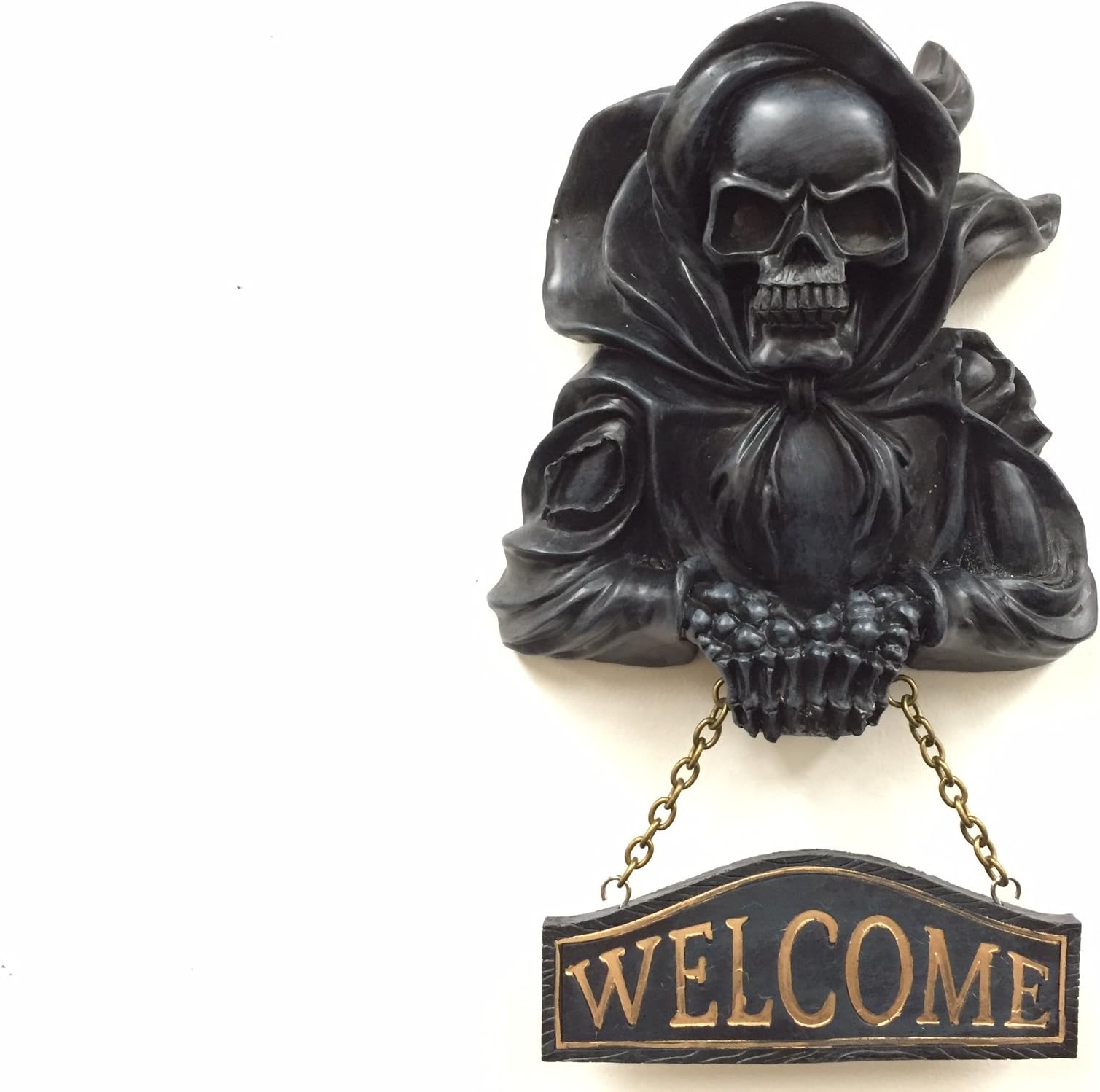 Wall Mounted Grim Reaper Skeleton Holding Welcome Sign/Plaque on Chain