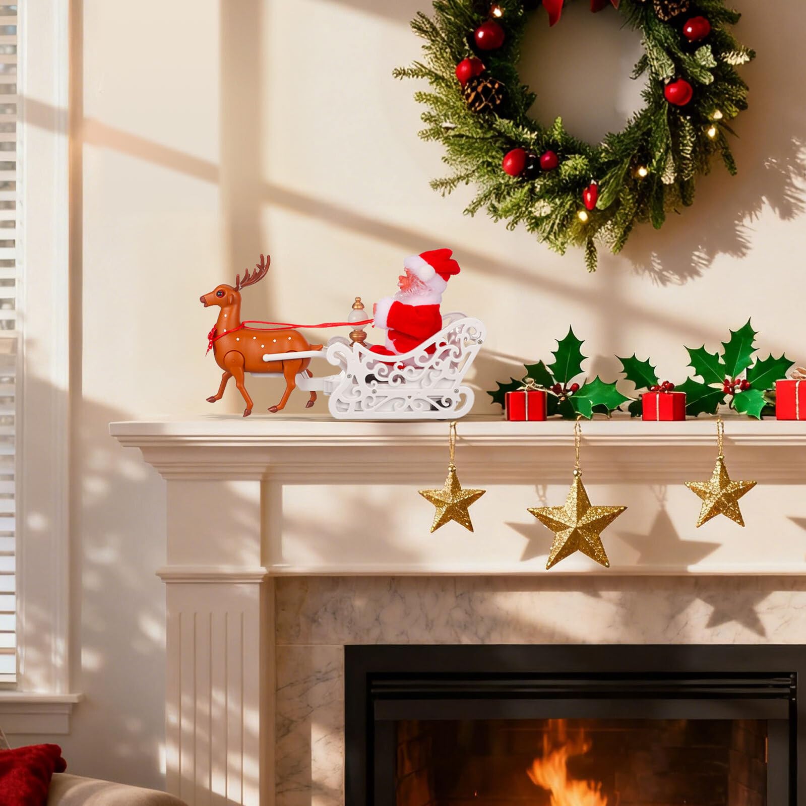 GALPADA Babbo Natale Elettrico Decorativo in Plastica Renna e Slitta Bambola Natalizia per Festa di Natale Ornamento per Tavoli Scrivanie e Ambienti Domestici Regalo per e Famiglia