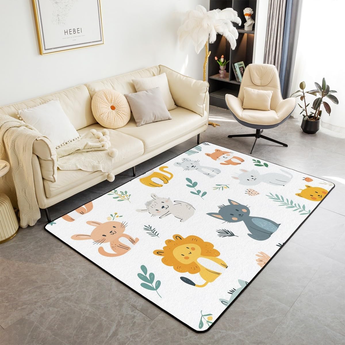 Erosebridal Kawaii Elephant Area Rug 3x5, Cartoon Animals Lion Giraffe Non Slip Carpet, Green Yellow Wildlife Monkeys Indoor Floor Mat for Living Room Bedroom, Kids Boys Trees Decorative Accent Rug