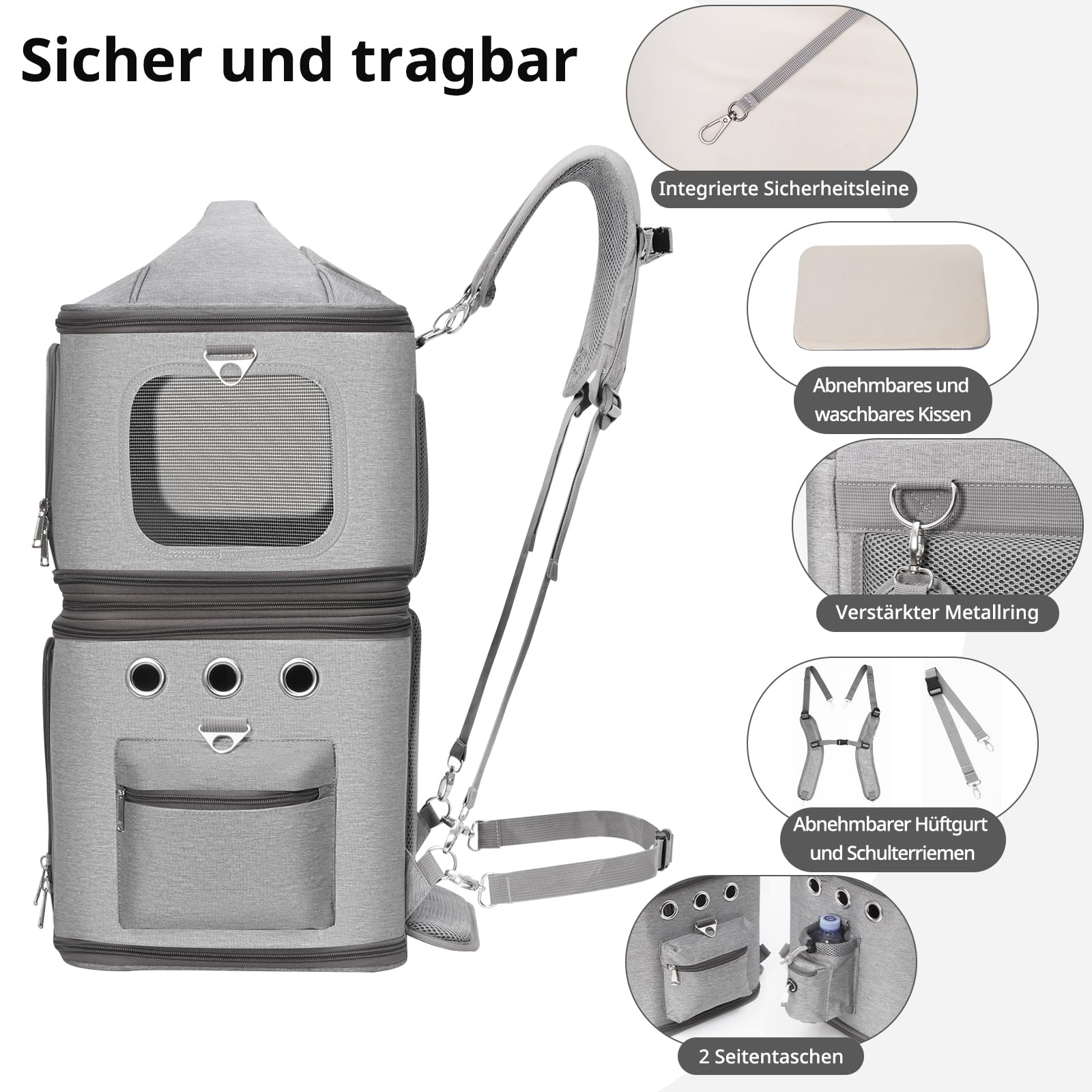 Abnehmbarer Katzenrucksack für 2 Katzen bis 12kg, Faltbar Katzentransportbox, Kucksack Groß für 2 Katzen, Perfekt für Reisen/Wandern/Camping, Grau