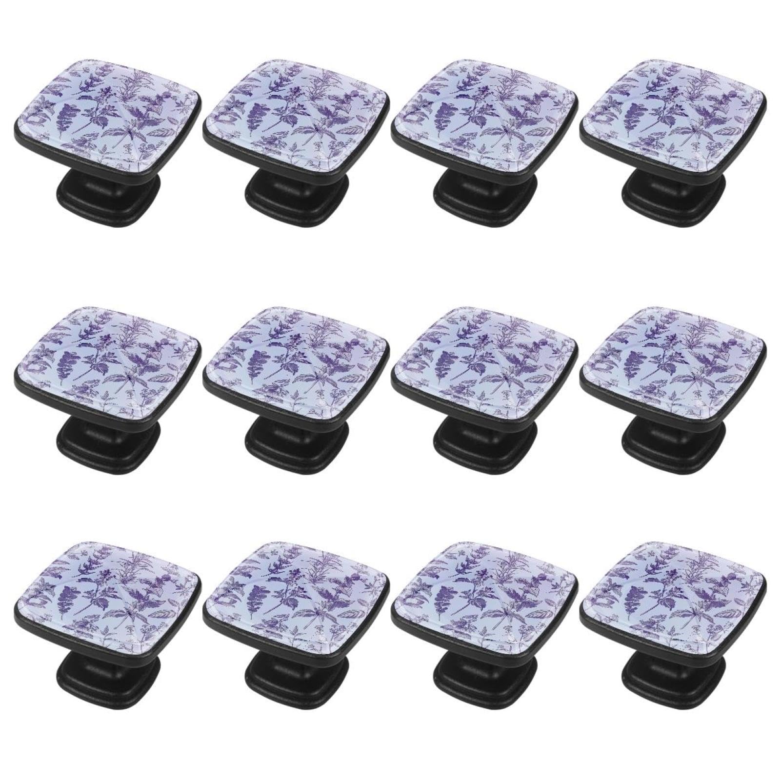 IROLSKDNFH 12 Pieces Purple Floral Herbs and Spices Glass Knobs for Dresser Drawers, 1.37 x 1.10 in Square Kitchen Cabinet Pulls for Home Office Nursery Kids Room