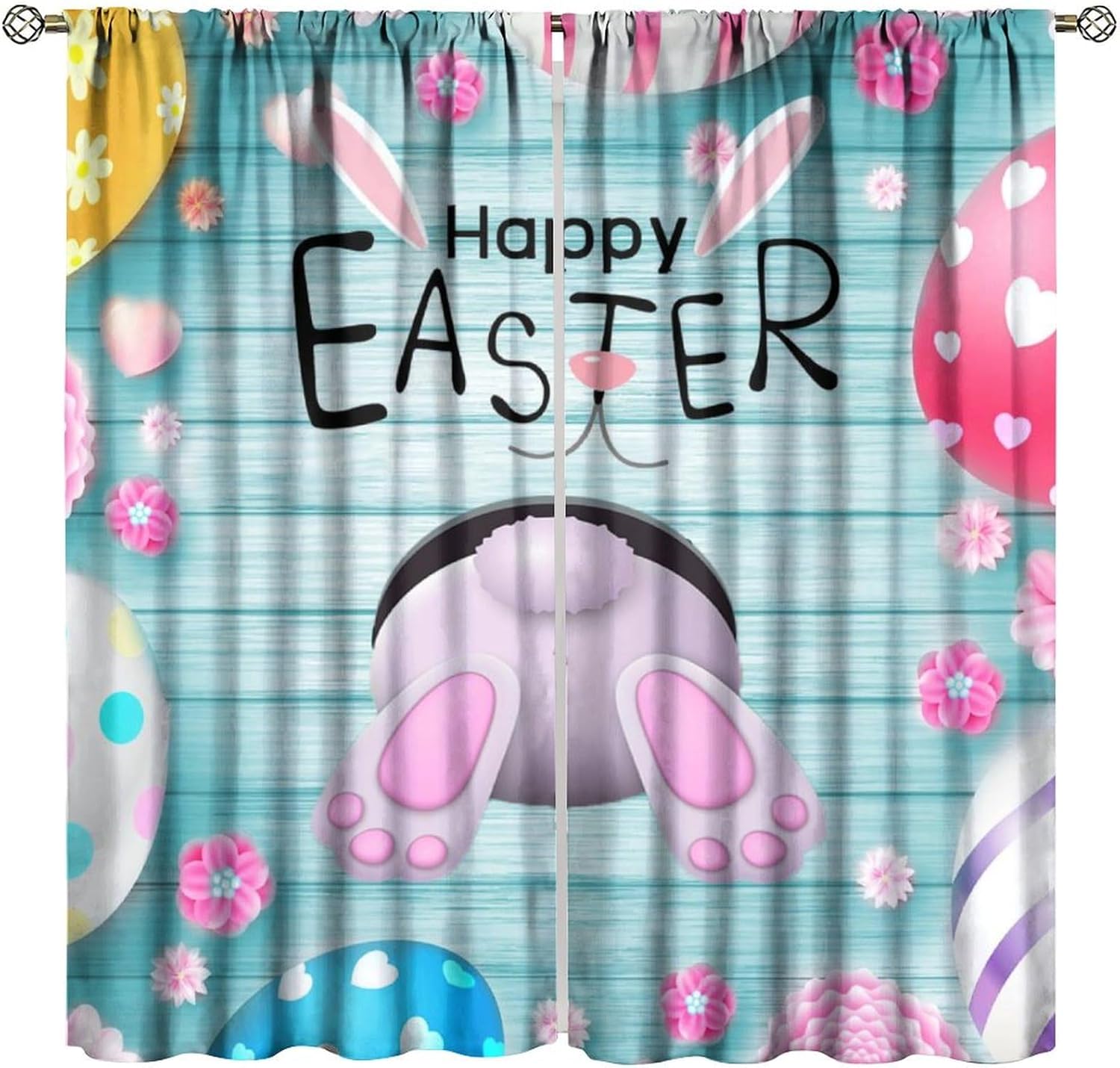 Easter Funny Decor Window Curtain Happy Rabbit Bunny Ears Spring Garden Colorful Eggs Butterfly for Home Kitchen Livingroom Coffee Room Window Drapes 2Panel 41" W X 53" L