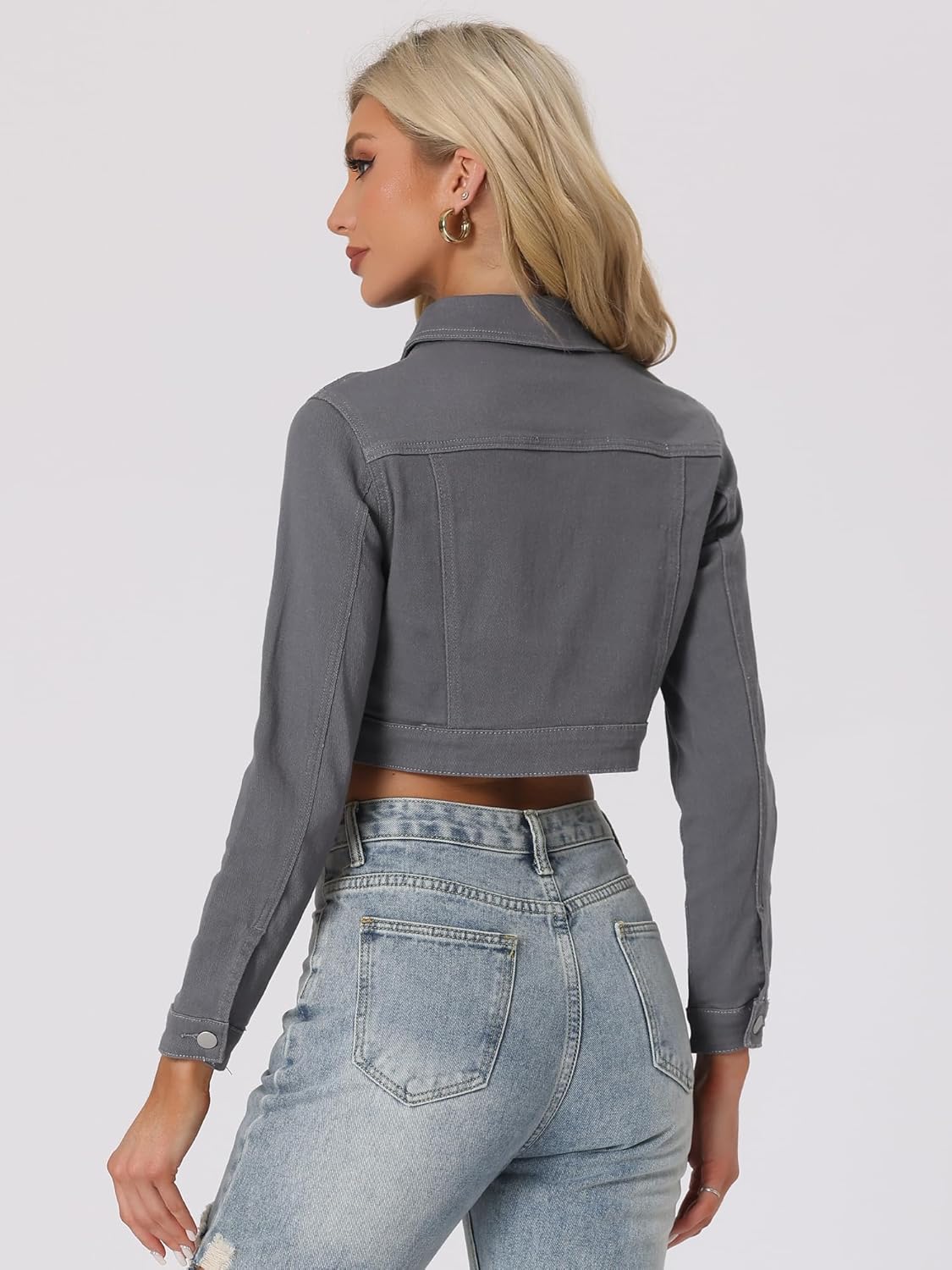 Allegra K Women's Denim Jackets 2026 Spring Casual Button Down Long Sleeves Cropped Jean Jacket - Image 4