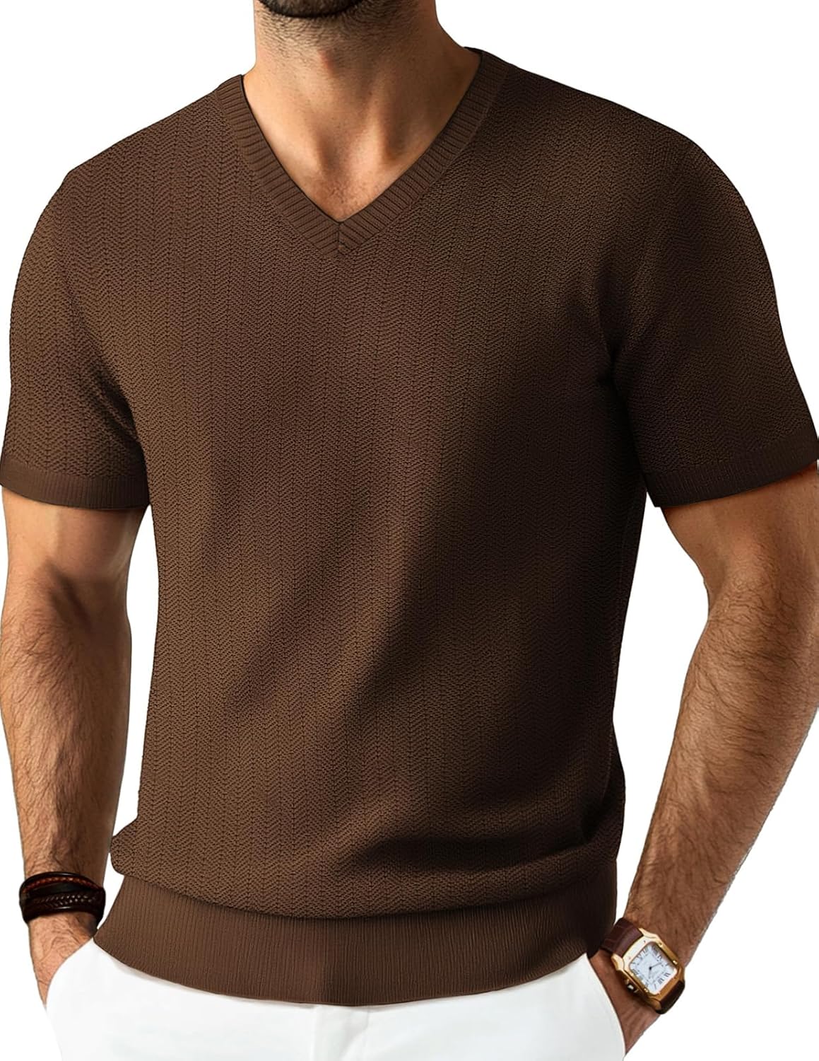PJ PAUL JONES Mens T Shirts V Neck Short Sleeve Textured Herringbone Modern Fit Knit Shirts