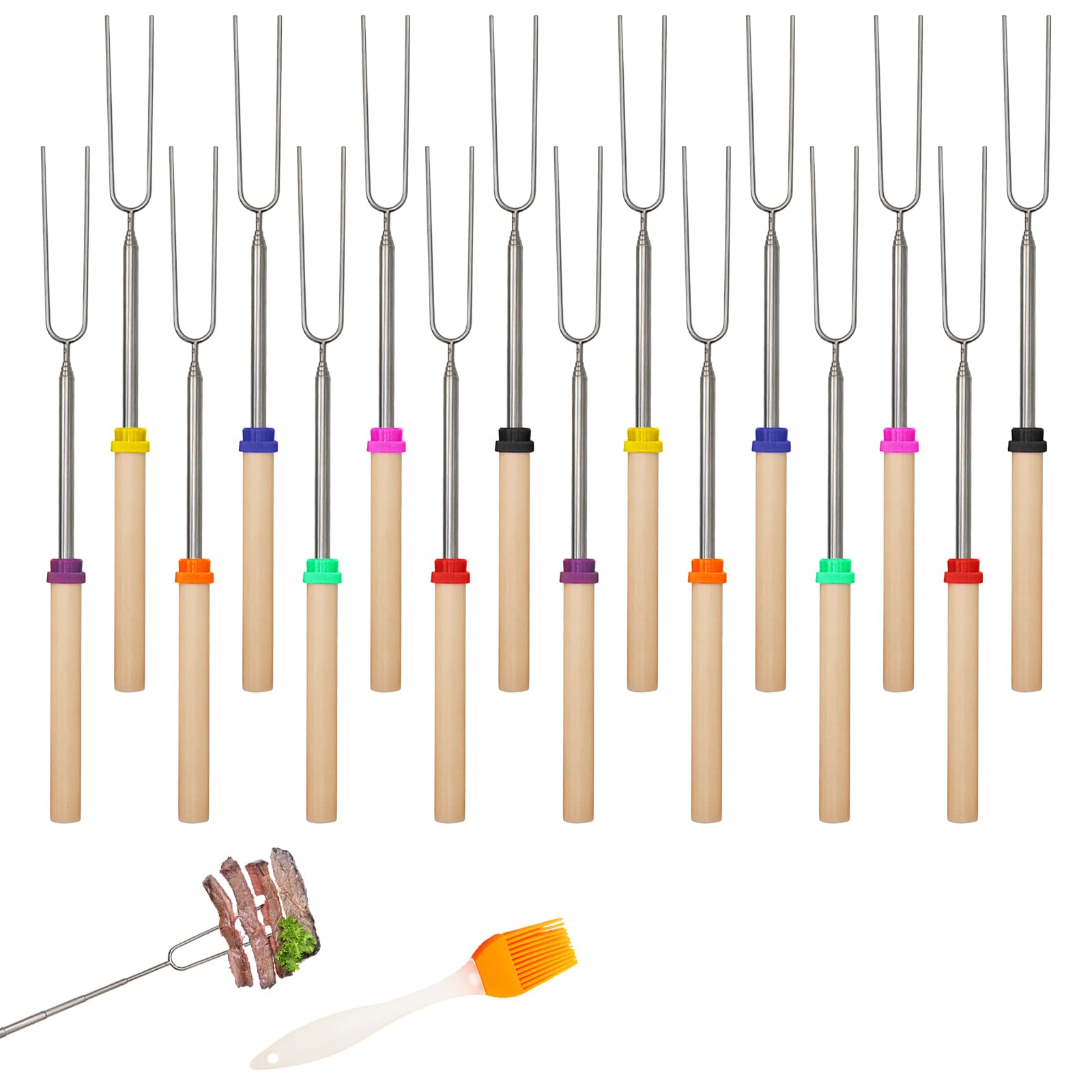Guttiuaa Extendable Smores Marshmallow Toasting Sticks Kit, 16 Pcs Marshmallow Toasting Forks with 1 Brush for Bonfire, Picnic, Outdoor, BBQ