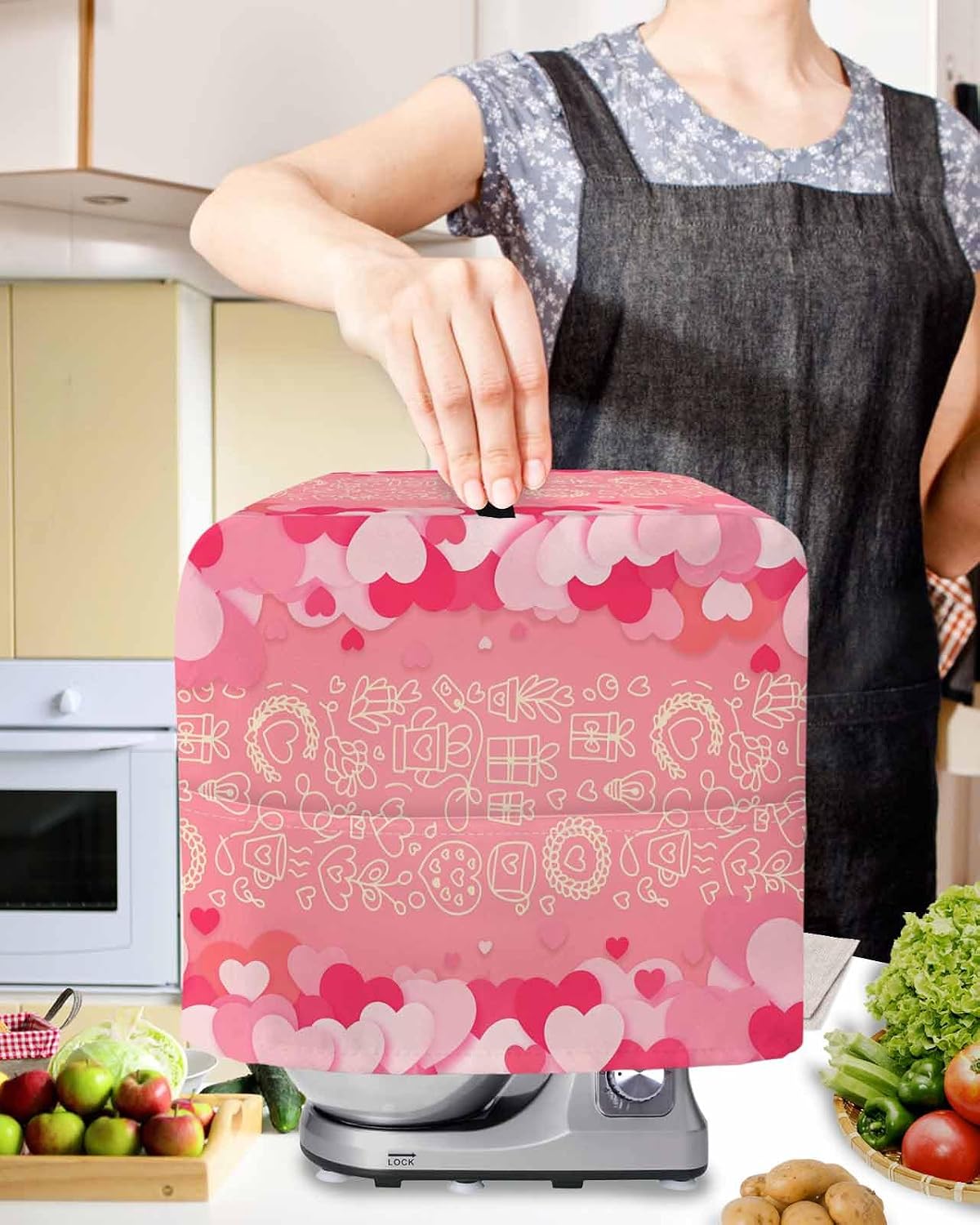 Valentine's Day Stand Mixer Cover with Storage Pocket, Waterproof Kitchen Mixer Covers, Pink Love Paper Cuttings Romantic Kitchen Appliance Dust Cover Compatible with 4/4.5 Quart Mixers