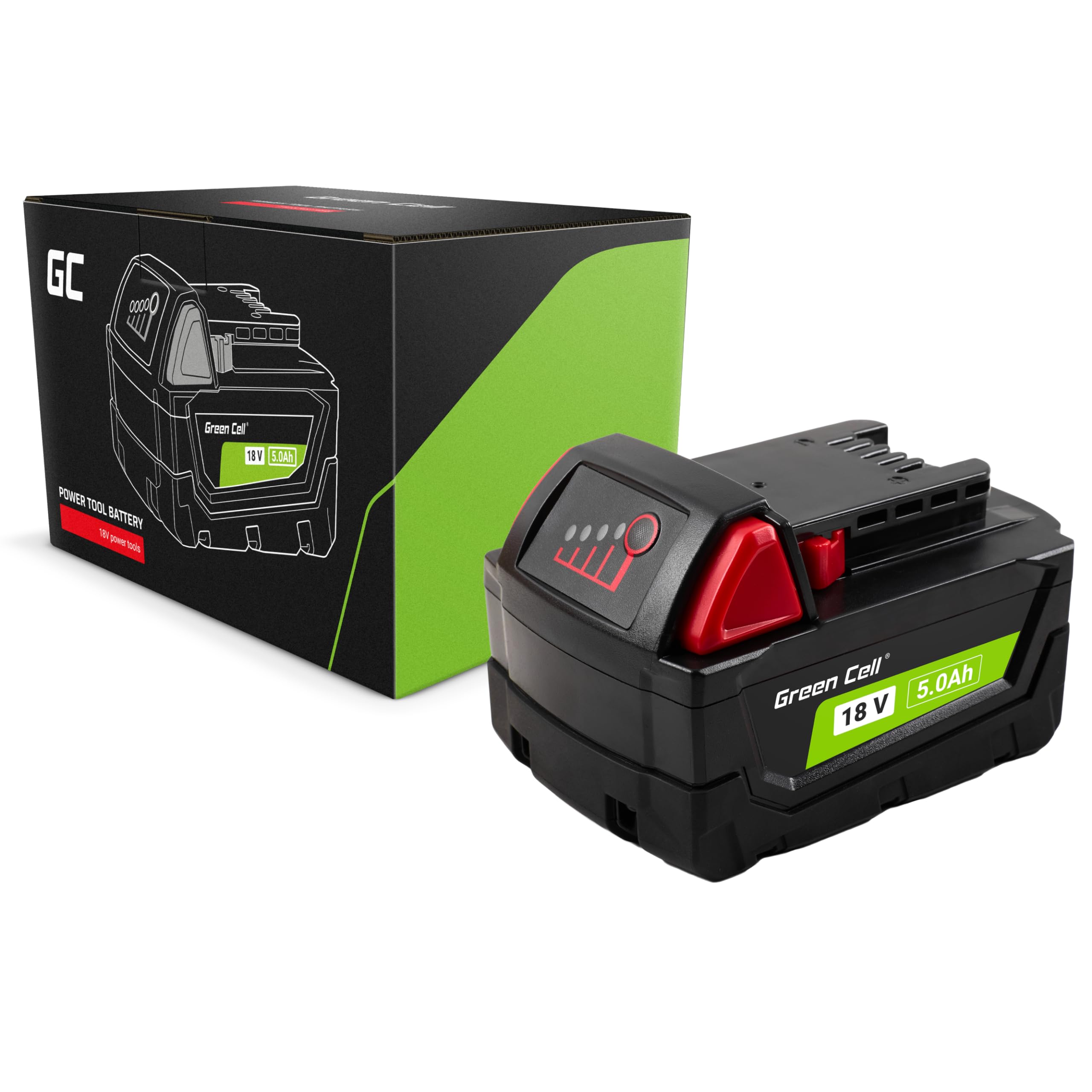 Batteria Green Cell 18V 5Ah Li-Ion per utensili elettrici Milwaukee M18 — Potente, altamente efficiente e affidabile, Sostituto del 4932430483, offre un'alimentazione duratura e stabile