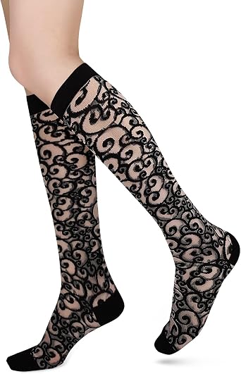 Benefeet Sox Womens Lace Knee High Socks Girls Nylon Knee Highs Sexy Sheer Trouser Socks Black White Mesh Fishnet Stockings