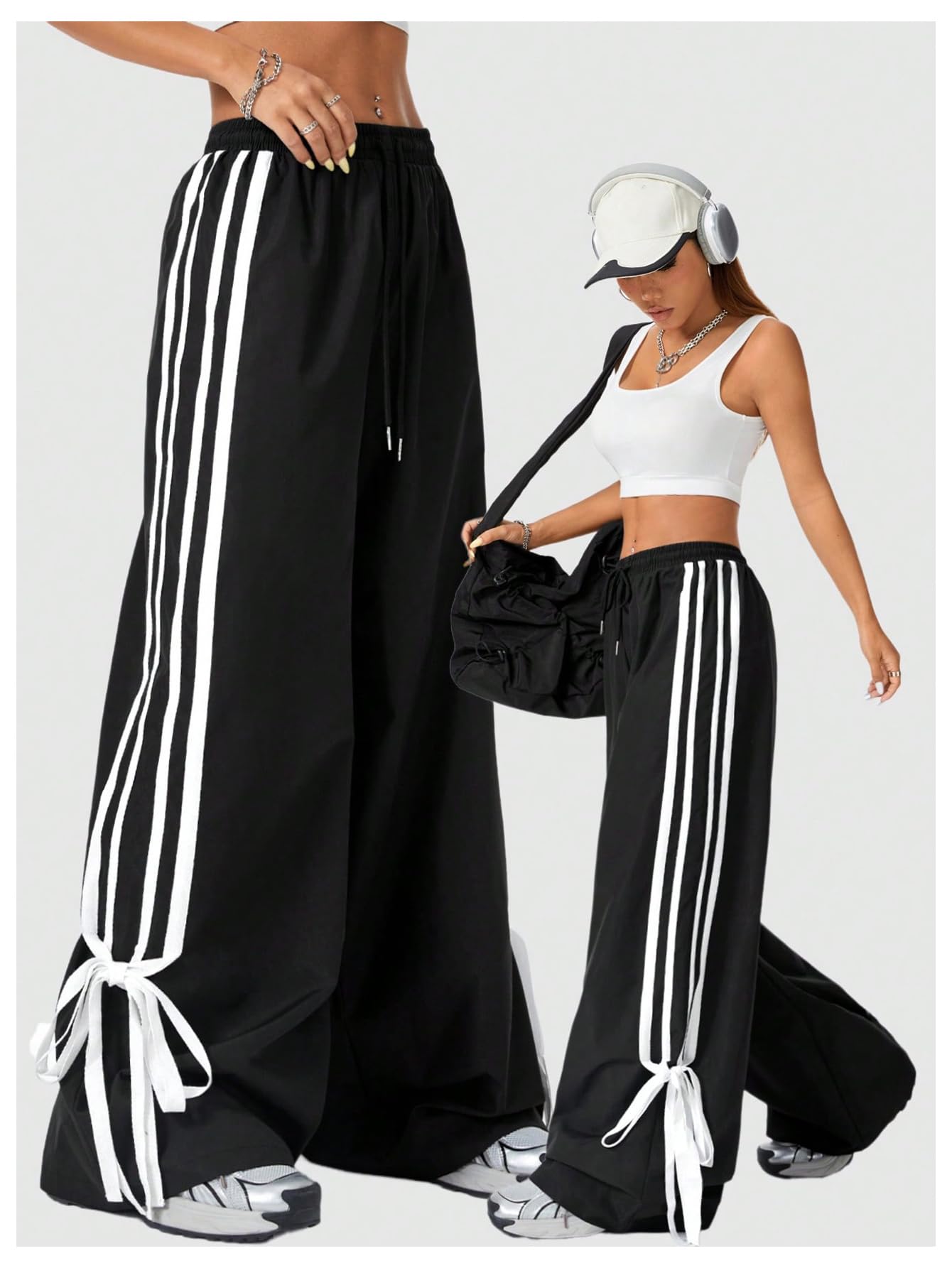 Women's Y2K Baggy Bow Wide Leg Pants Striped Track Elastic Waist Long Sweatpants Parachute Pants