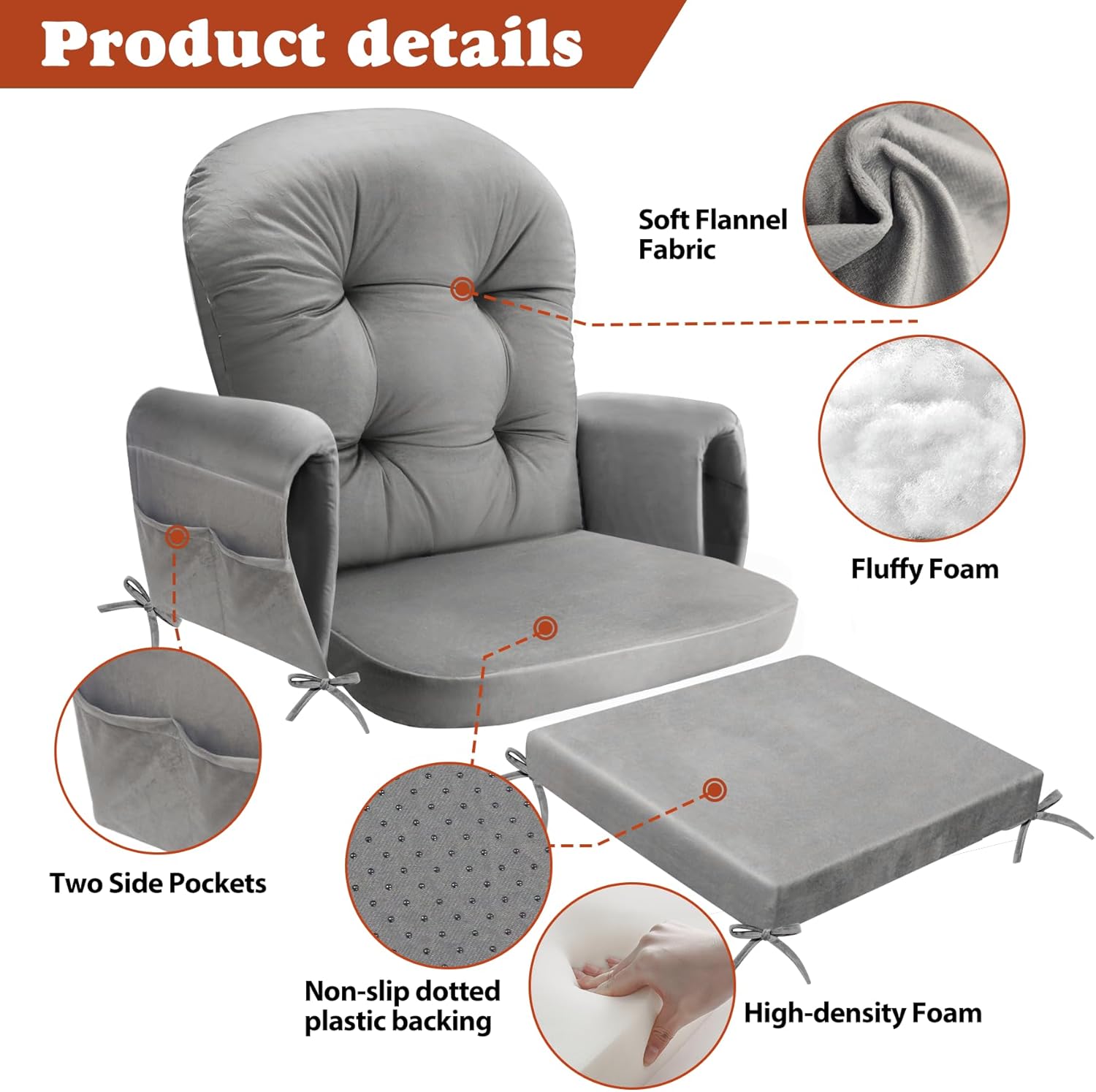 Glider Rocker Replacement Cushion Set with Storage Pockets Soft Flannel Fabric & High-Resilience Foam Non-Slip Back Rocking Chair Cushion for Living Room Rocking Chair(Grey)
