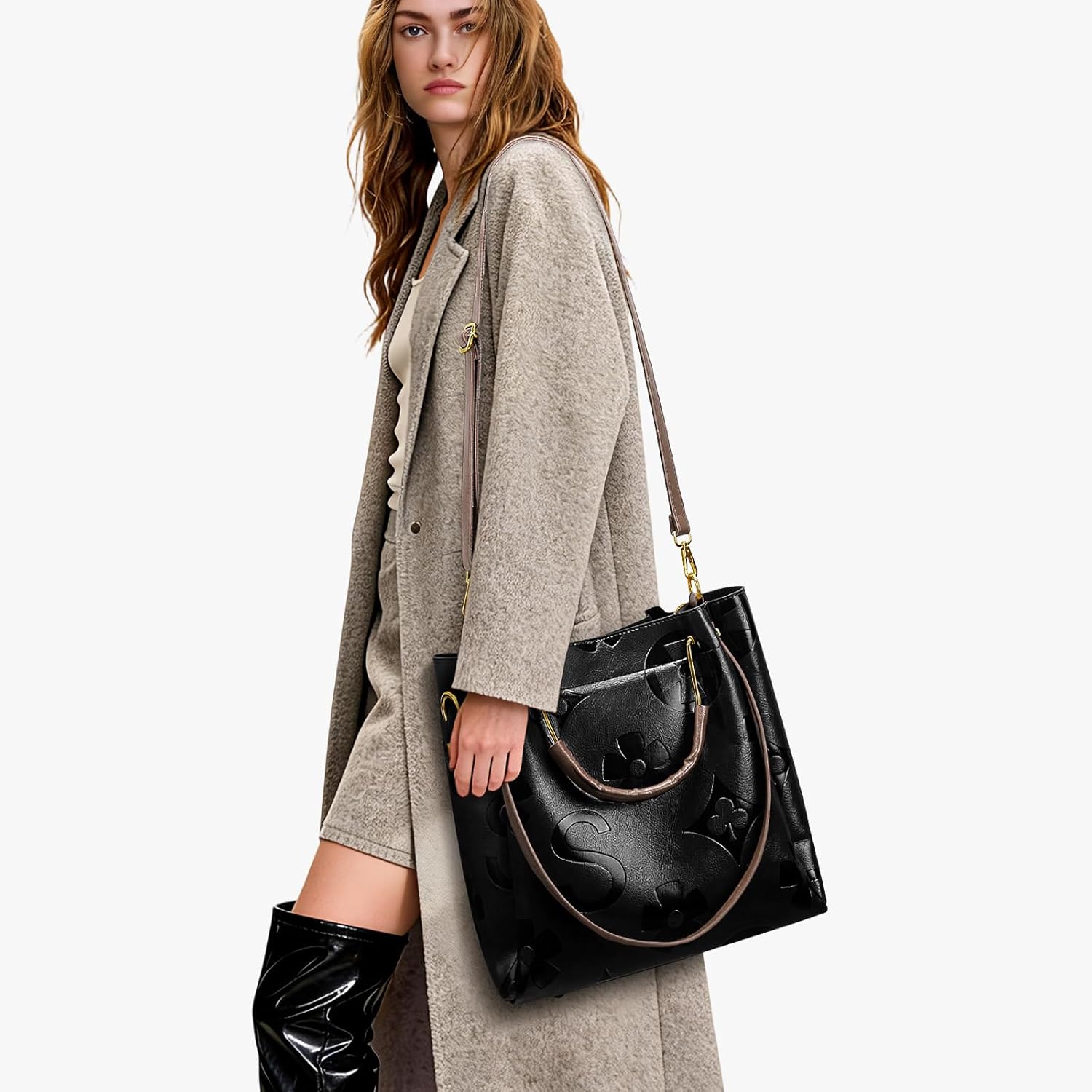 Embossed Foral Handbag for Women Trendy Leather Designer Handbag Large Shoulder Bag Top Handle Set Bucket Totes