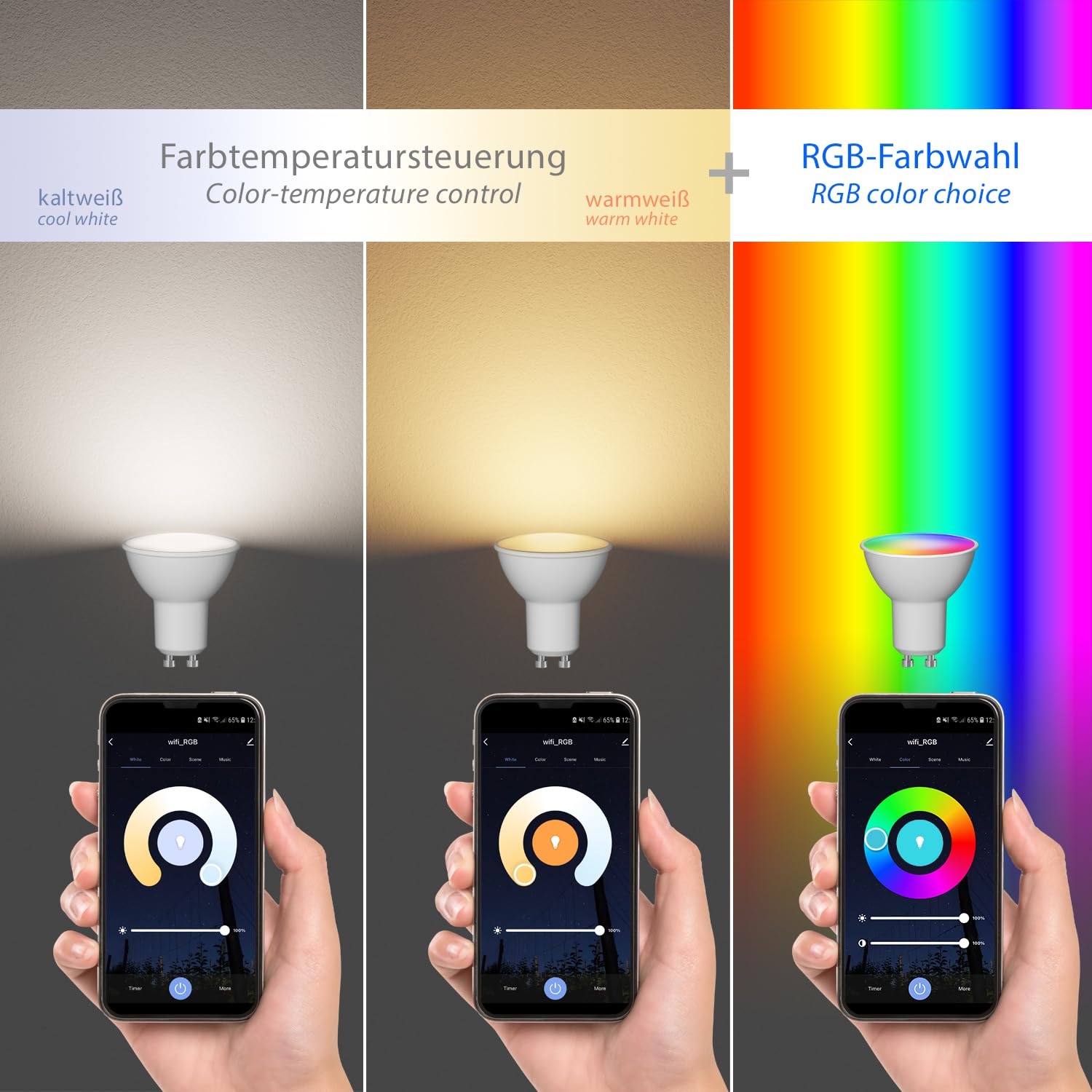 2 x WAIKA klemlamp met zwanenhals en schakelaar mat zwart, incl. Smart Home LED RGBW GU10, 5,41W, 473lm