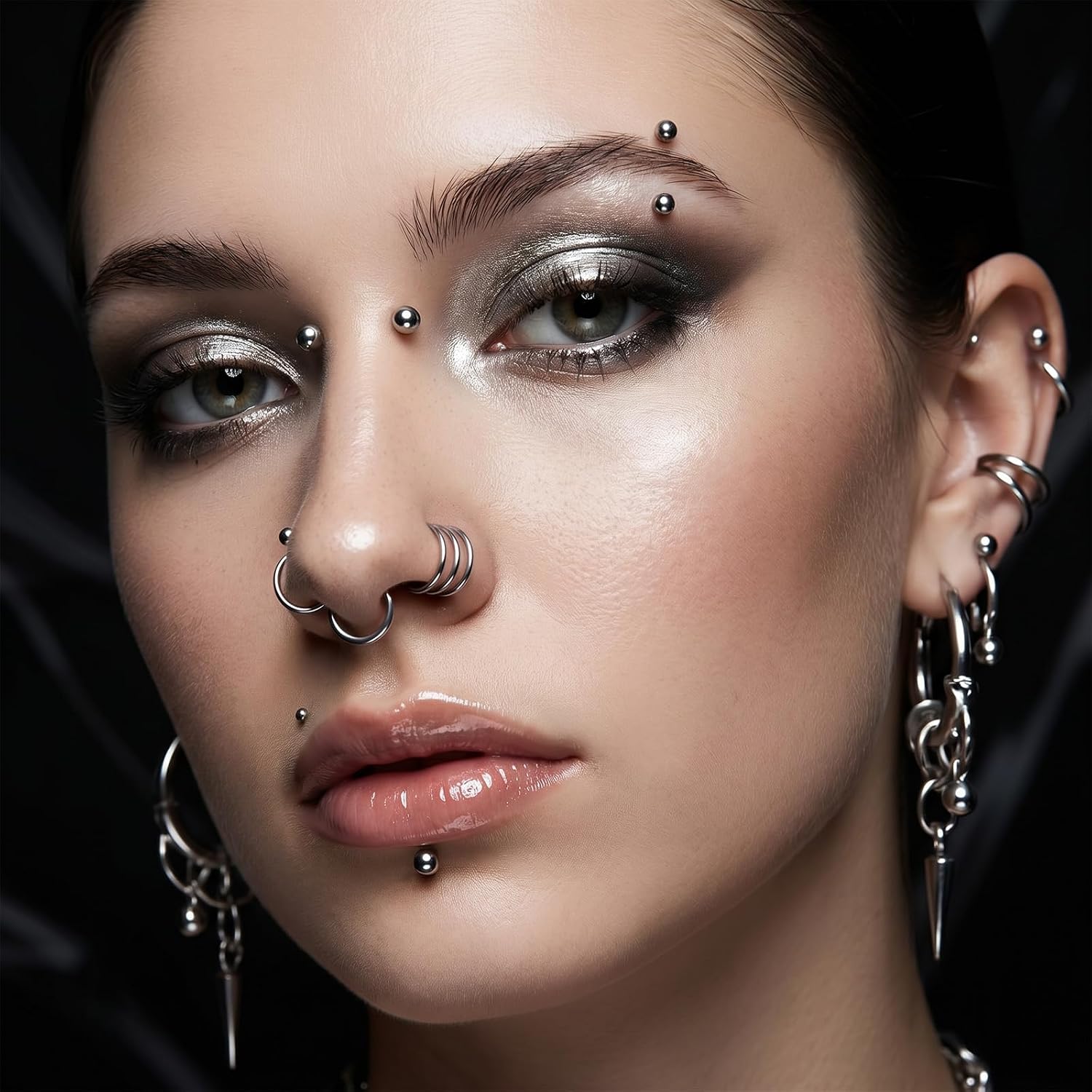 6 Sheets Fake Piercings Set Silver Face Gems Stick on Ears Nose Lip Stud Self-Adhesive Faux Eyebrow Jewels Stickers for Women Men Halloween Rave Party Y2K Punk Makeup Accessories