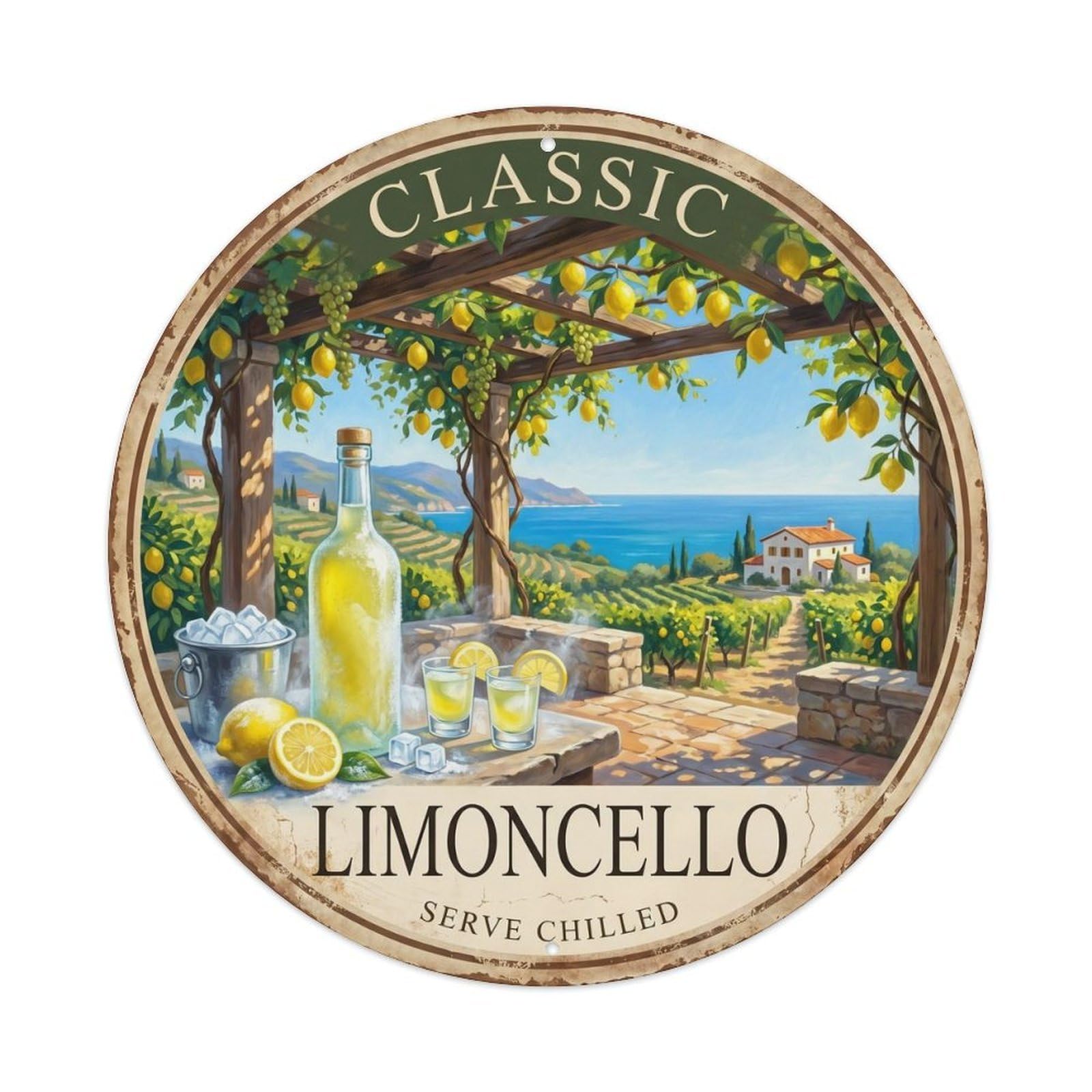 Fqcyn Style Handmade Limoncello Spirit Metal Tin Sign Plaque Wall Decor For Cafe, Club Bar, Office, Home Garden Round Metal Poster 8X8inch