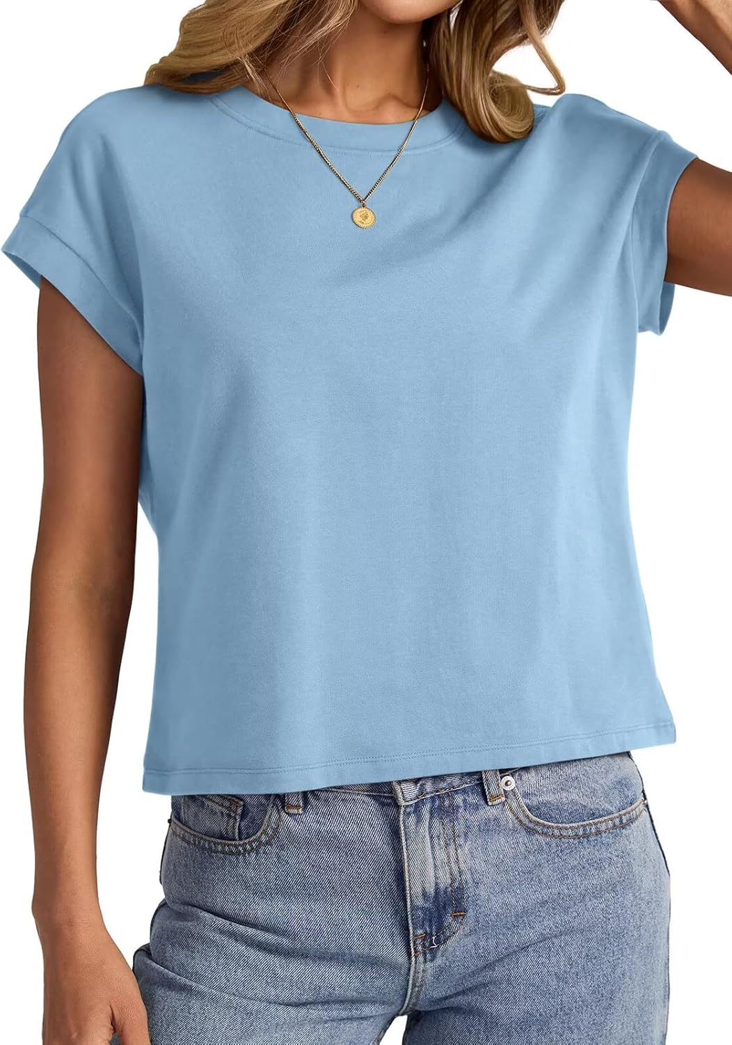 Womens Cap Sleeve Crop Tops Cotton T Shirts Crewneck Loose Fit Short Sleeves Tee Summer Fashion Clothes 2026 - Image 3