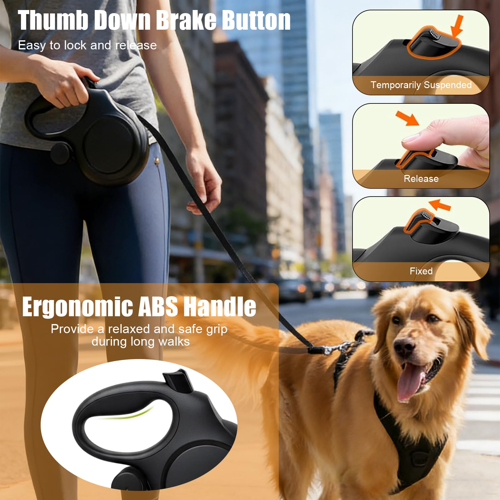 Laisse Chien Enrouleur 8m avec Bouton Stop, pour Chiens jusqu'à 50kg, pour Gros Chiens Chat, Système de Freinage, Poignée Anti-Dérapante et Anneau Anti-Enroulement, Laisse Rétractable