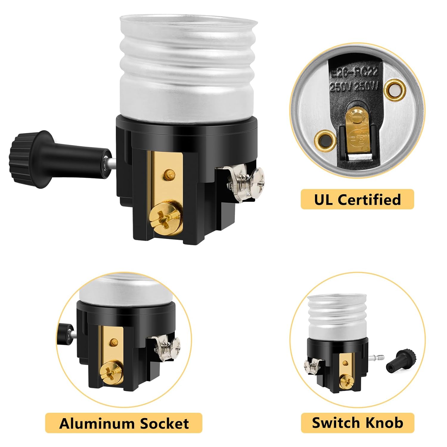 UL Listed E26 Light Socket ，Baocuz Lamp Socket Replacement with ON/Off Switch Knob，Lamp Parts Repair Parts for Table Lamp, Floor Lamp （2 Pack）