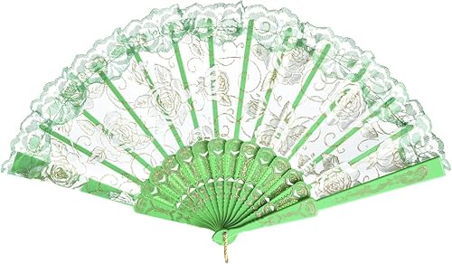 Miniatura 7 de QIRMIZI 10 abanicos plegables de encaje rosa, abanicos de mano plegables de seda, perfectos para bodas, fiestas y bailes, verde