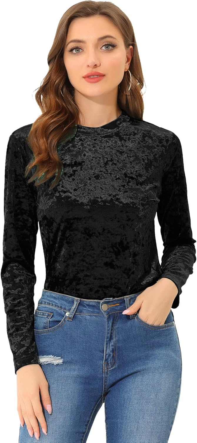 Allegra K Casual Velvet Top for Women's Soft Vintage Crew Neck Long Sleeve Christmas T-Shirt
