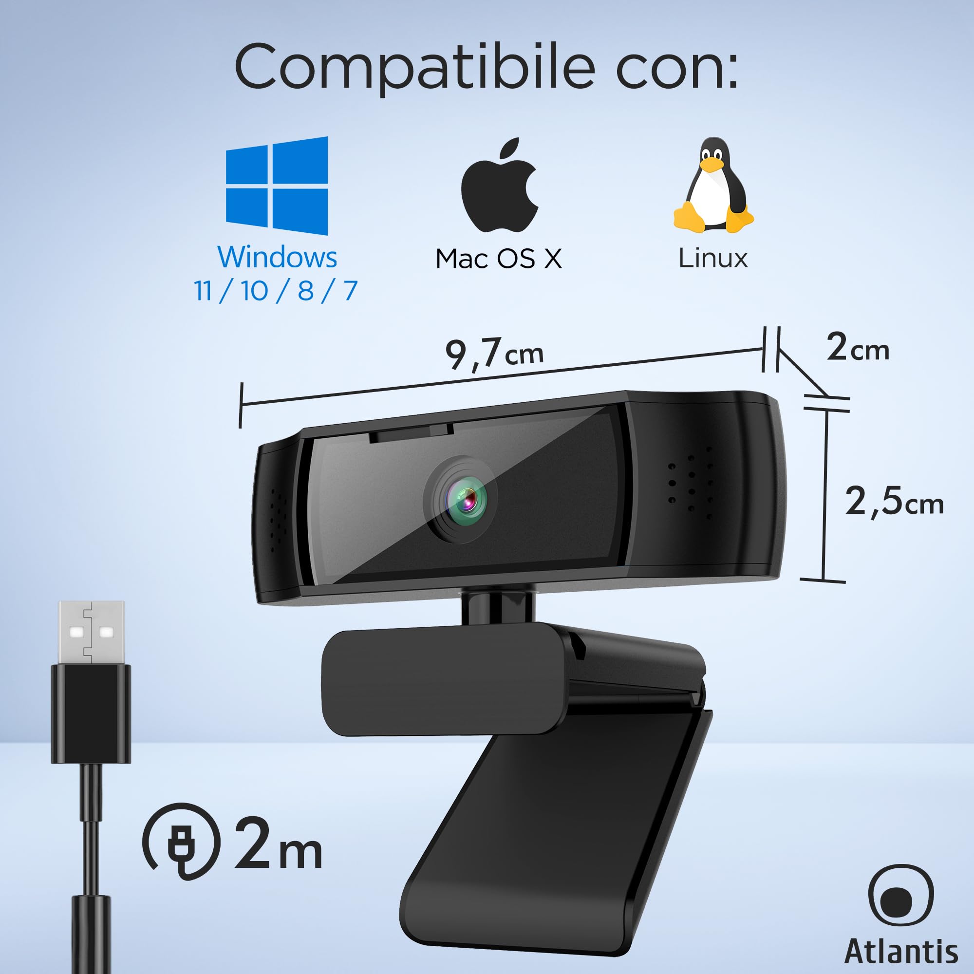 ATLANTIS Webcam 2K, 5 Mpixel 2560x1944/30fps e Full HD, fuoco automatico autofocus, Doppio Microfono Omidirezionale, bilanciamento del bianco, angolo vis 90°, adatta per videochiamate, USB,P015-U965HD