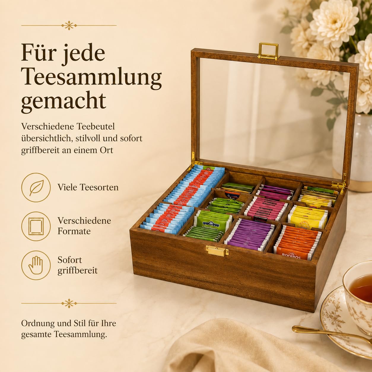 ALVERO Teebox aus Holz mit Glasdeckel, 12 Fächer, Goldener Verschluss, Elegante Holzoptik, Ideal für Küche, Büro und Teestation