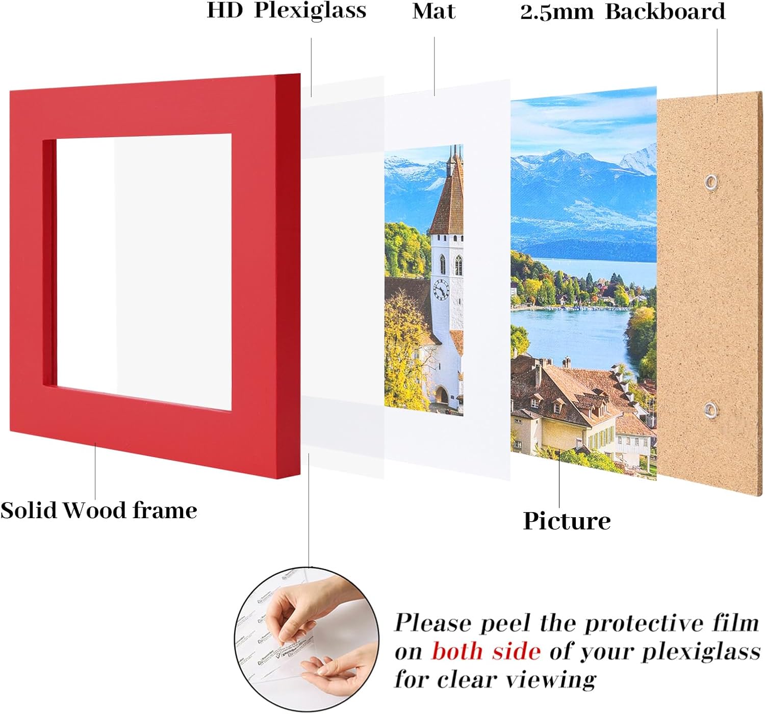 4x4 picture frame made of solid wood photo frame with shatter resistant plexiglass, display pictures 4 x 4 without mat for tabletop display or wall mount, red 1 pack red 4x4