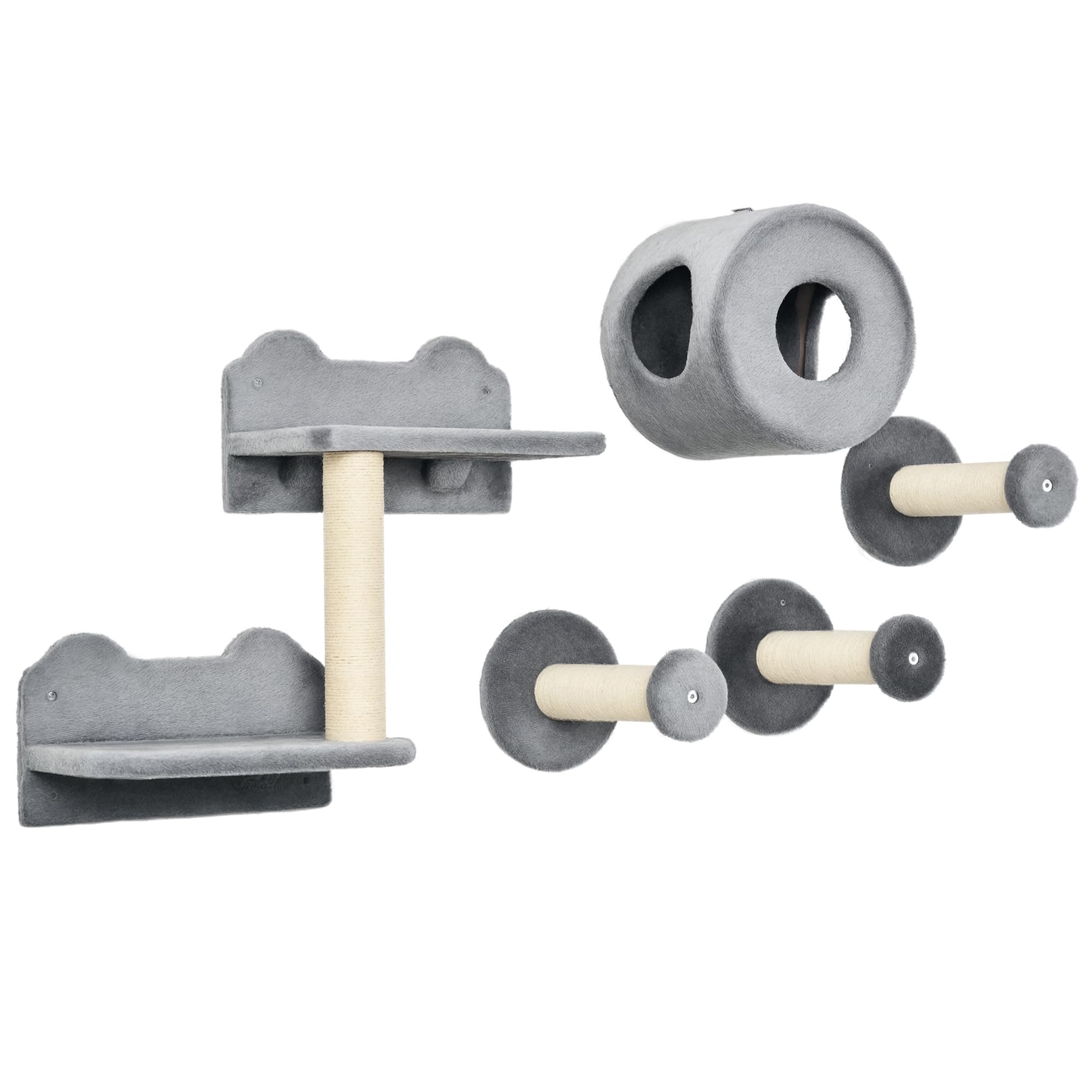 Pawhut Grey 5Pcs Cat Wall Furniture W/ Perch, Cat Condo, Scratching Post In