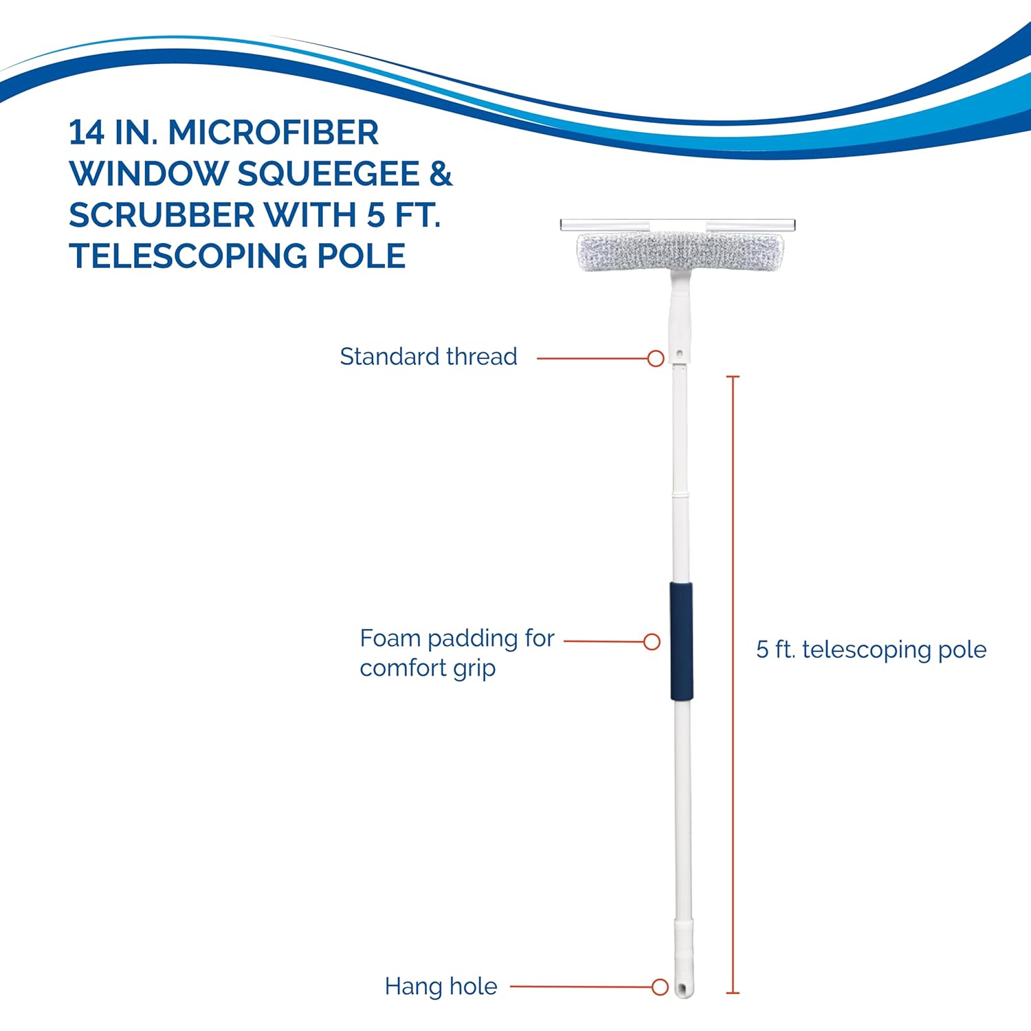 Unger 12” Outdoor Window Scrubber and Squeegee Kit with 5’ Telescopic Pole for High Access, Cleaning Supplies for Mirrors and Glass Surfaces, Machine Washable Sleeve