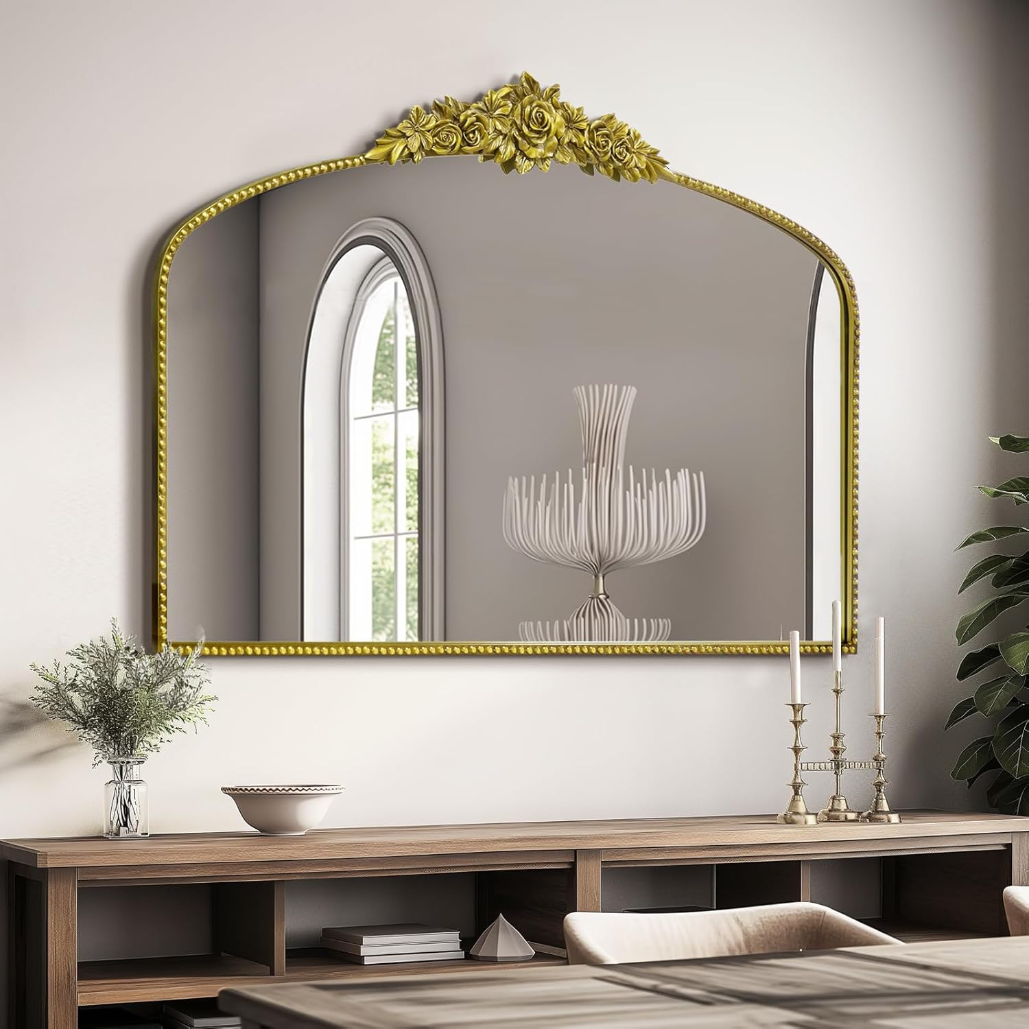 antique gold arched wall mirror, 48\"x30\" baroque vintage mirror with ornate metal frame, large traditional home decor bathroom/wall/vanity/mantel/bedroom/entryway/hallway retro gold 30\"l x 48\"w