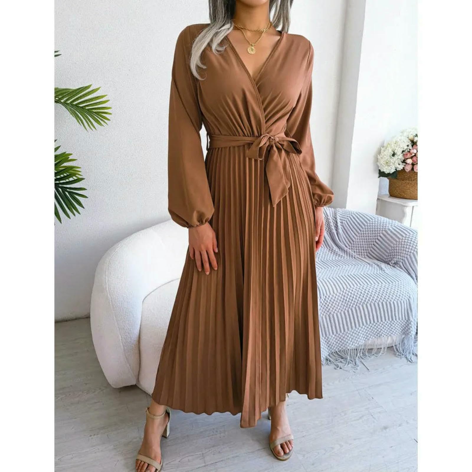 Vestiti a Maniche Lunghe Abito Autunnali da Donna, V-Scollo Cross-up Colori, Elegante Maxi Pieghe, Vestito Lungo Grande Swing, di Moda Casual