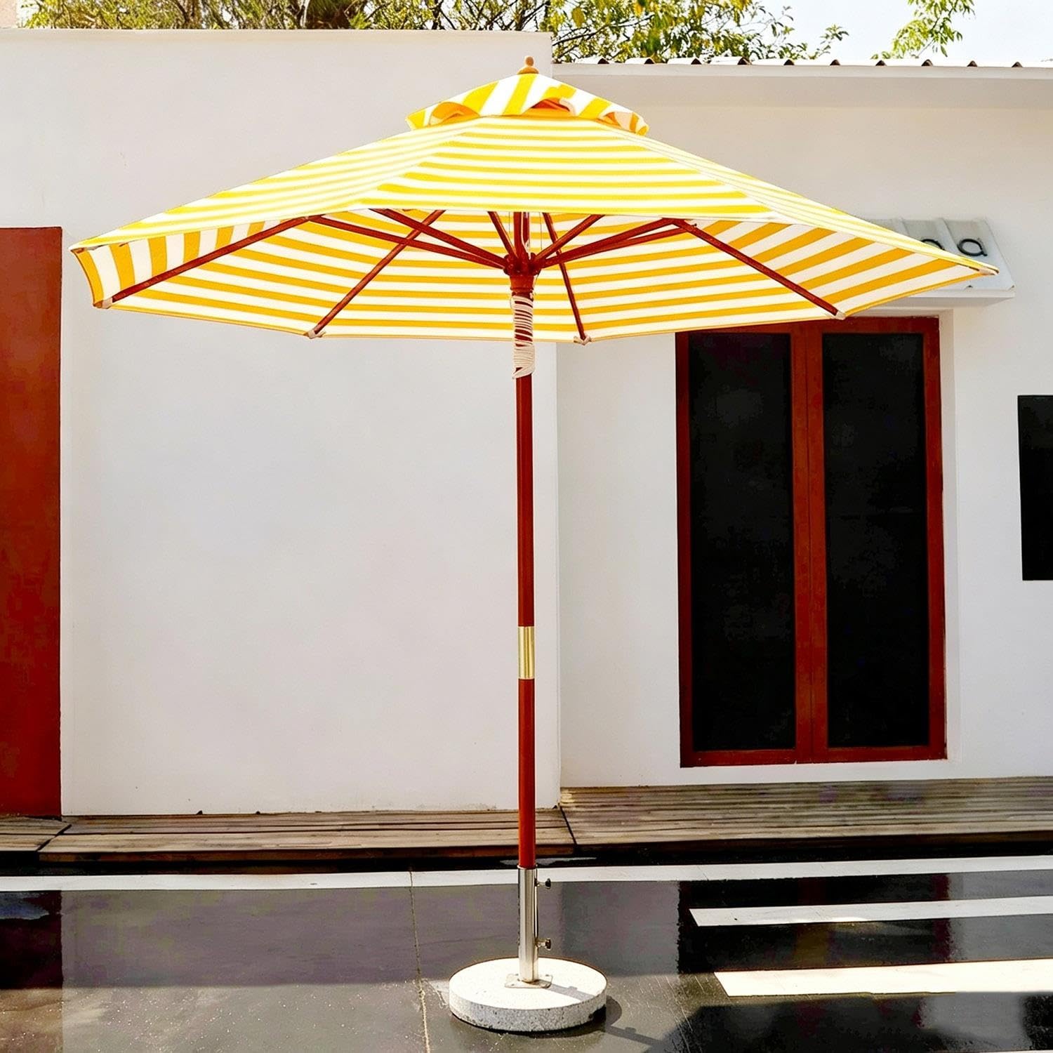 Parasol ogrodowy 270 cm w żółto-białe paski,z drewnianym trzonkiem, UPF 50+