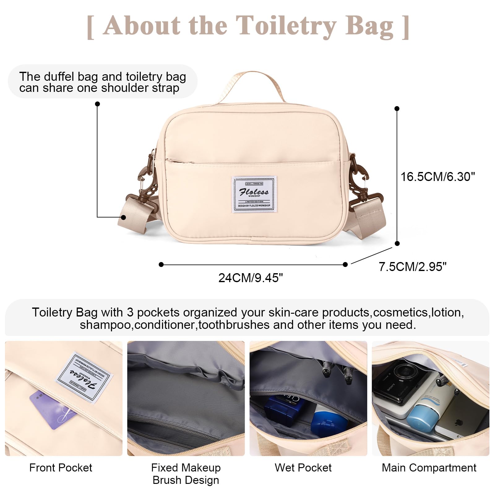 Borsone da Viaggio Donna, Bagaglio a Mano Borsa da Viaggio con Scomparto per le Scarpe, Borsa Sportiva Borsone da Palestra Grande, Borsa da Weekend, Borsa per Ospedale,C5 beige