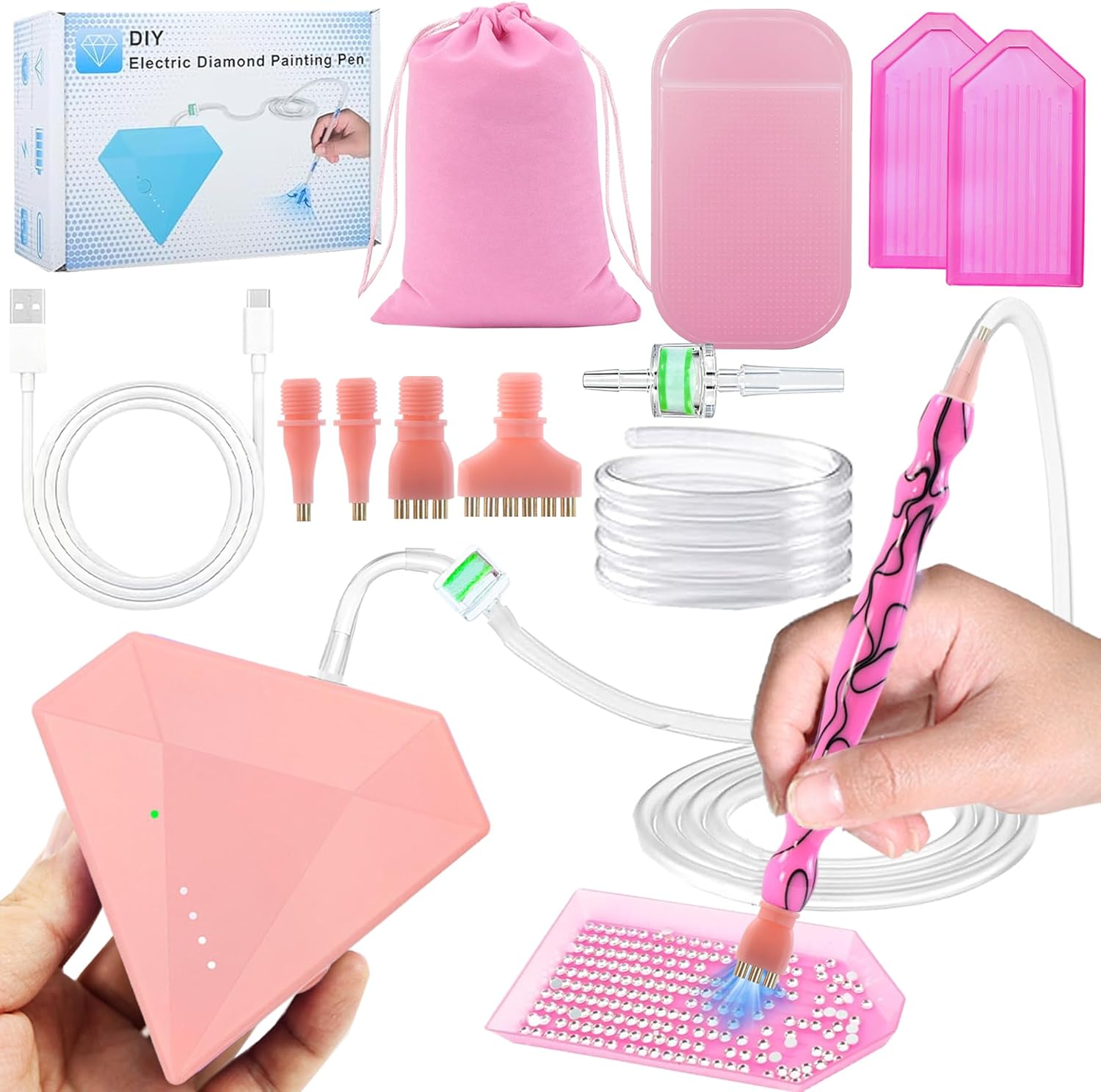 Electric Diamond Painting Pen, Rechargeable Vacuum Diamond Art Pen, Cordless, Adjustable Suction Level, Diamond Art Accessories with Multiplacers(1/3/6 Head) & Diamond Art Tray (Pink)