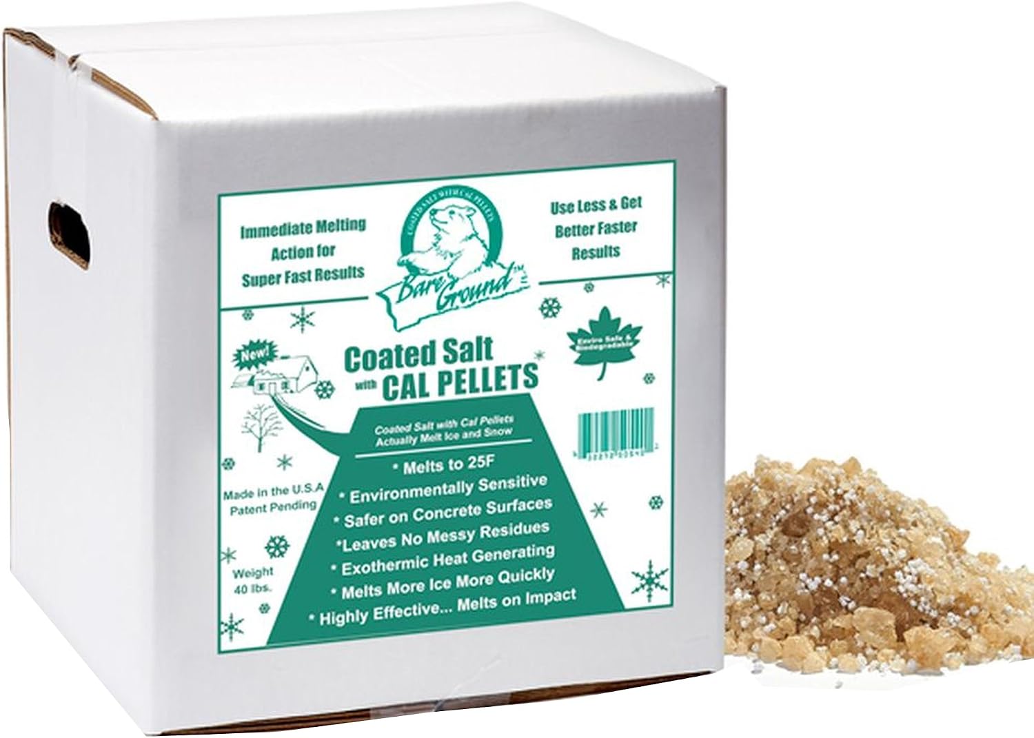 Bare Ground Premium Blend Granular Ice Melt with Exo-Thermic Calcium Chloride Pellets – Fast-Acting, 40% Less Corrosive, Works at -20°F – 40 lbs Box