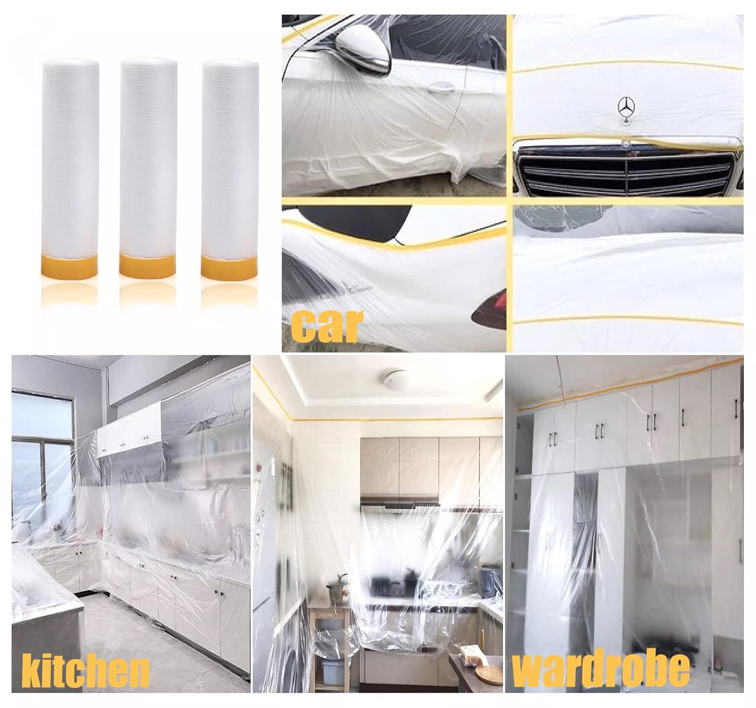 Painters Plastic With Tape, Pre-Taped Masking Film, 4 Rolls Automotive Best Tape and Drape, Paint Adhesive Protective Film Roll for Covering Skirting, Frames, Cars and Auto Body (5 X 65-Feet)
