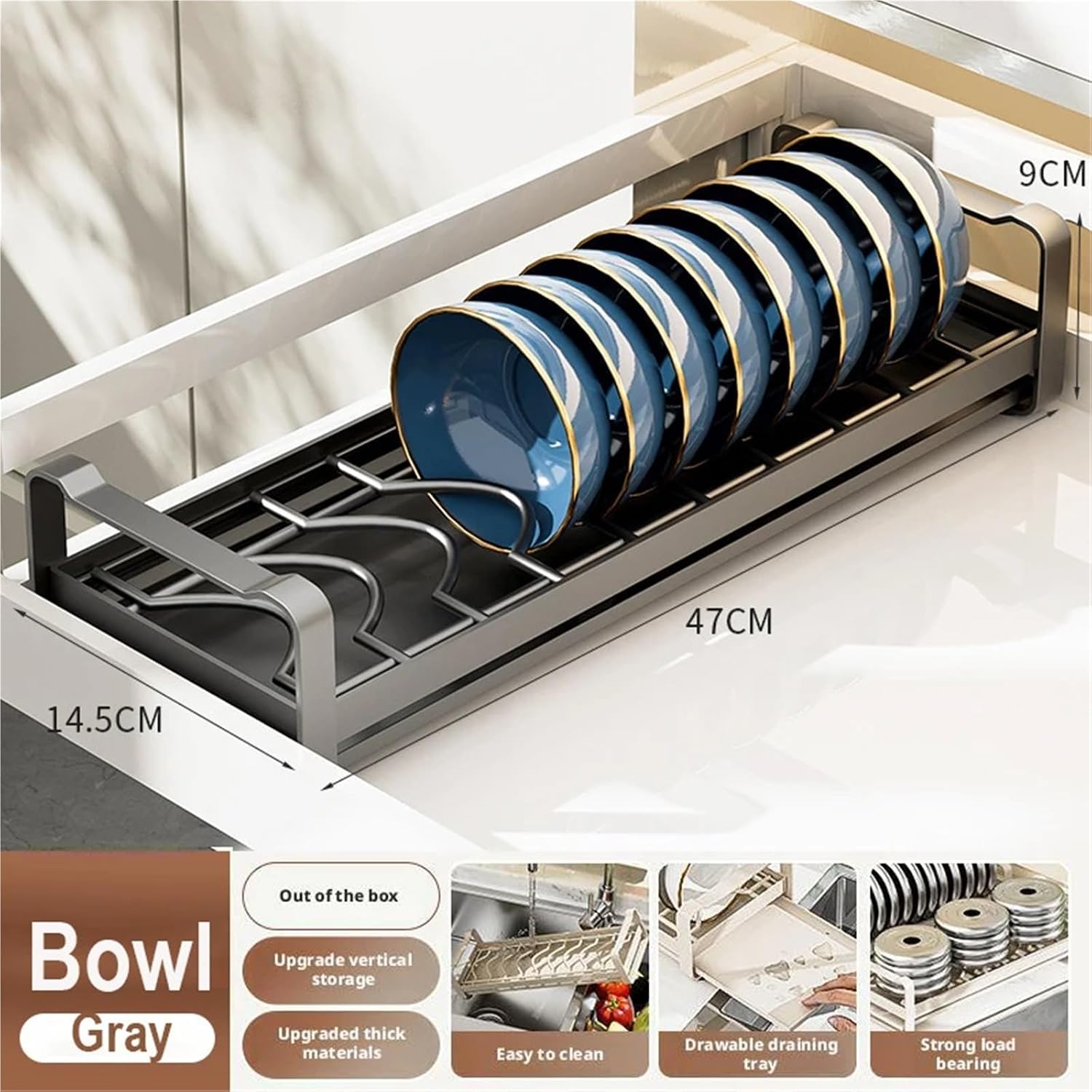 Pull Out Cabinet Dish Storage Rack Stainless Steel Plate Drain Stand Holder Kitchen Drawer Built-in Bowl Rack Basket Organizer(47cm Gray C)